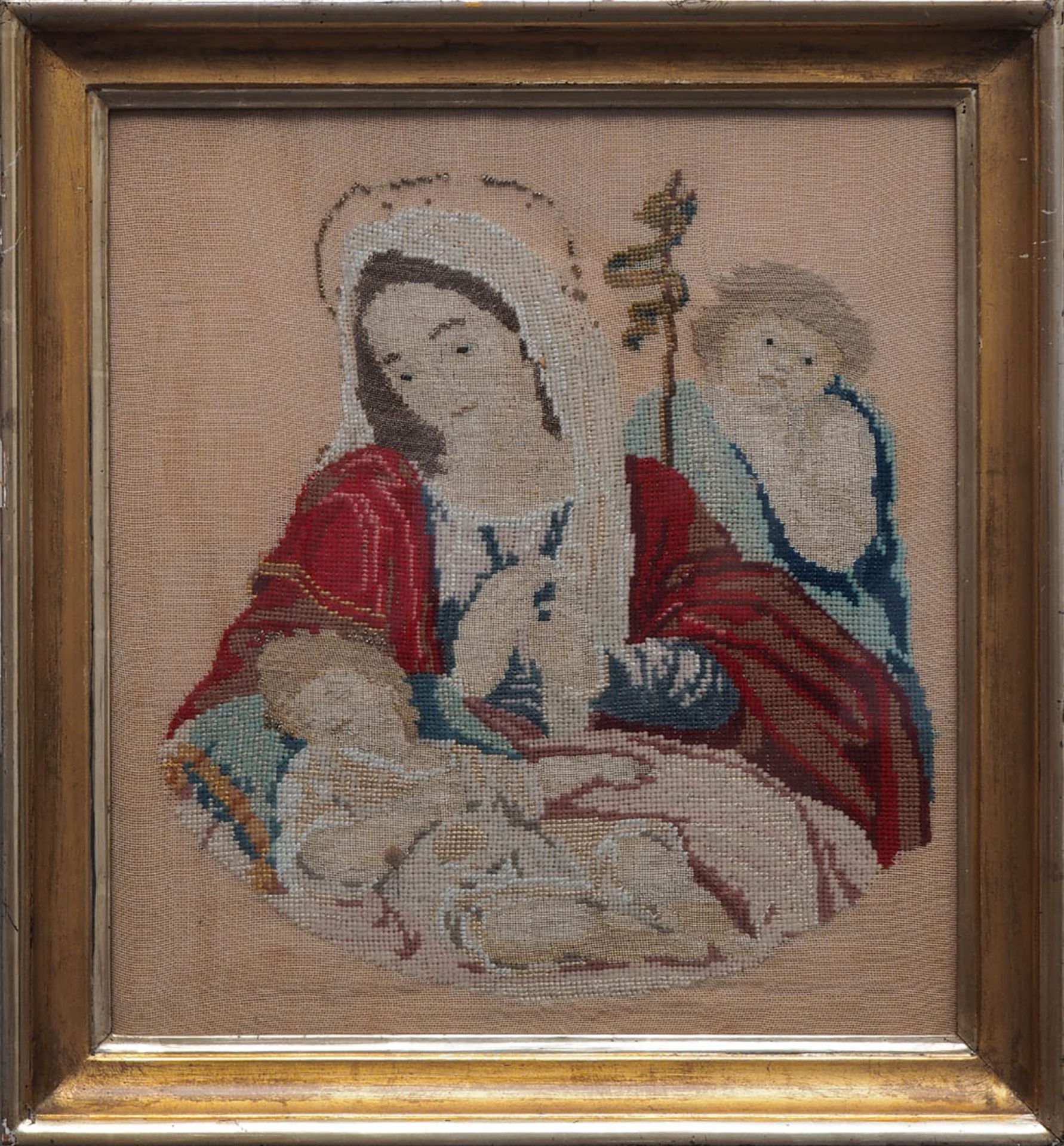 Petit-Point-Stickerei, 19.Jhdt. Maria mit Jesuskind und Johannes dem Täufer. Teilweise mit