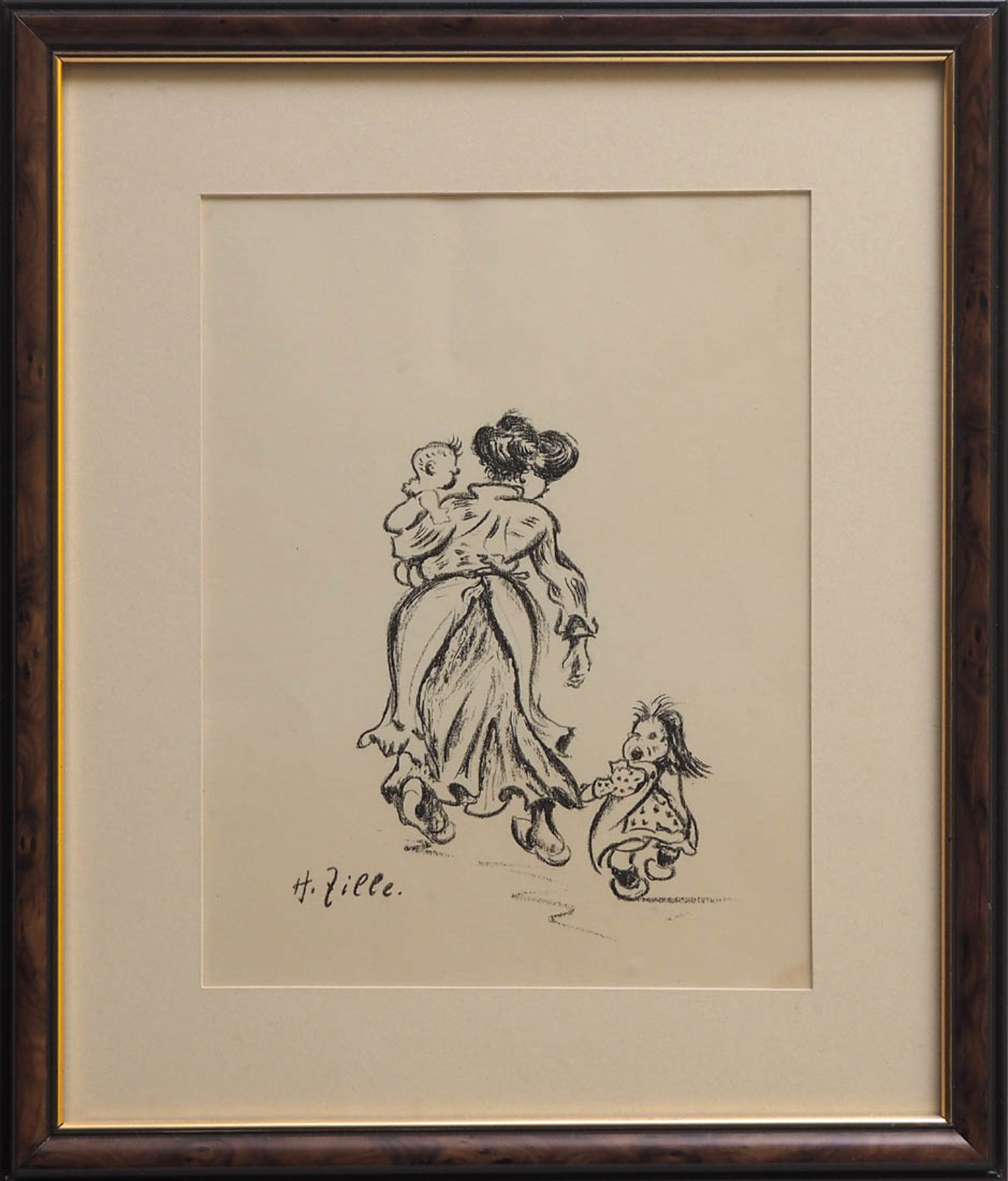 Zille, Heinrich, 1858 - 1929 Lithographie, bet. "Mutter mit quengelnden Kindern"., in der Platte