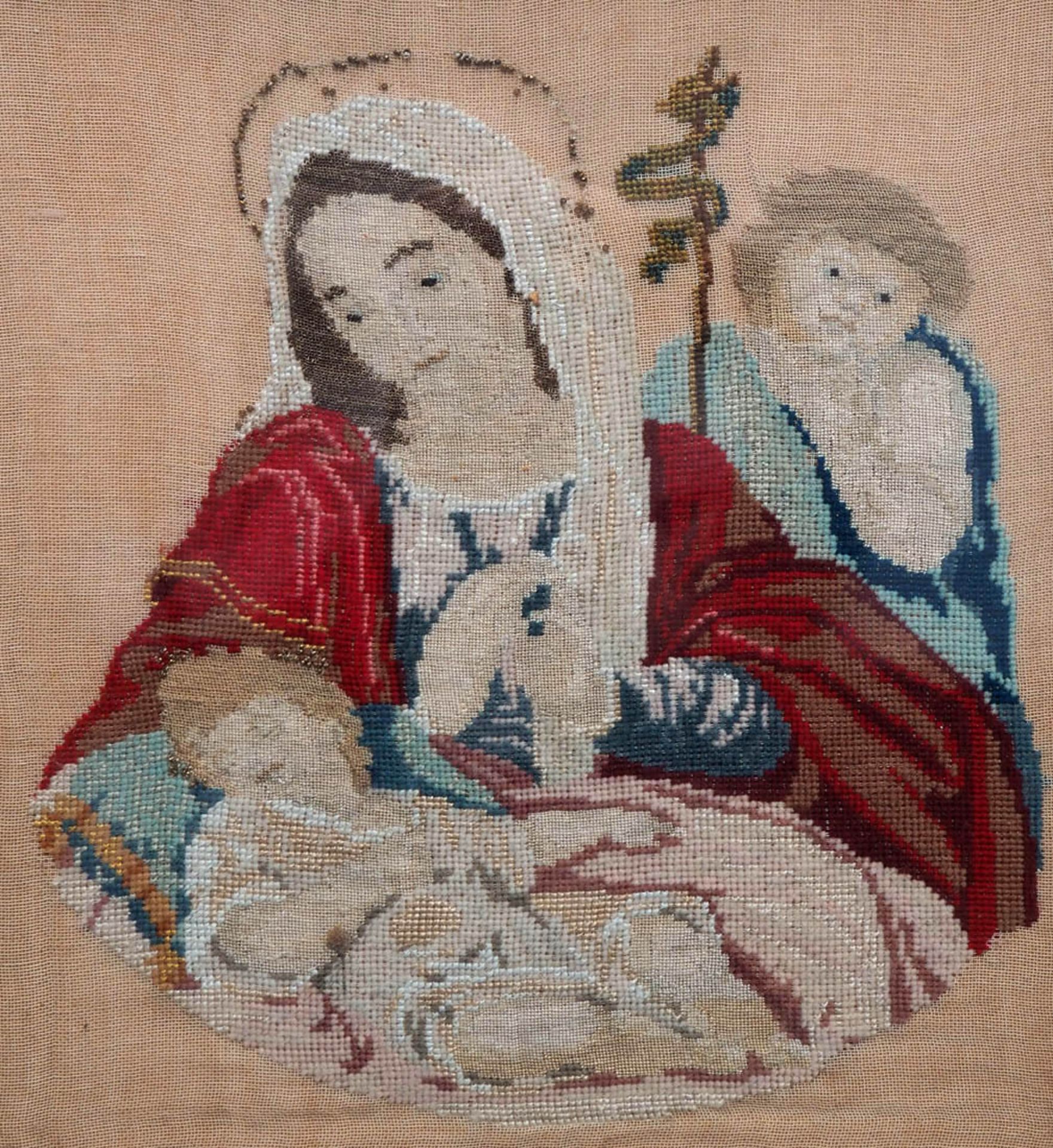 Petit-Point-Stickerei, 19.Jhdt. Maria mit Jesuskind und Johannes dem Täufer. Teilweise mit - Bild 2 aus 2