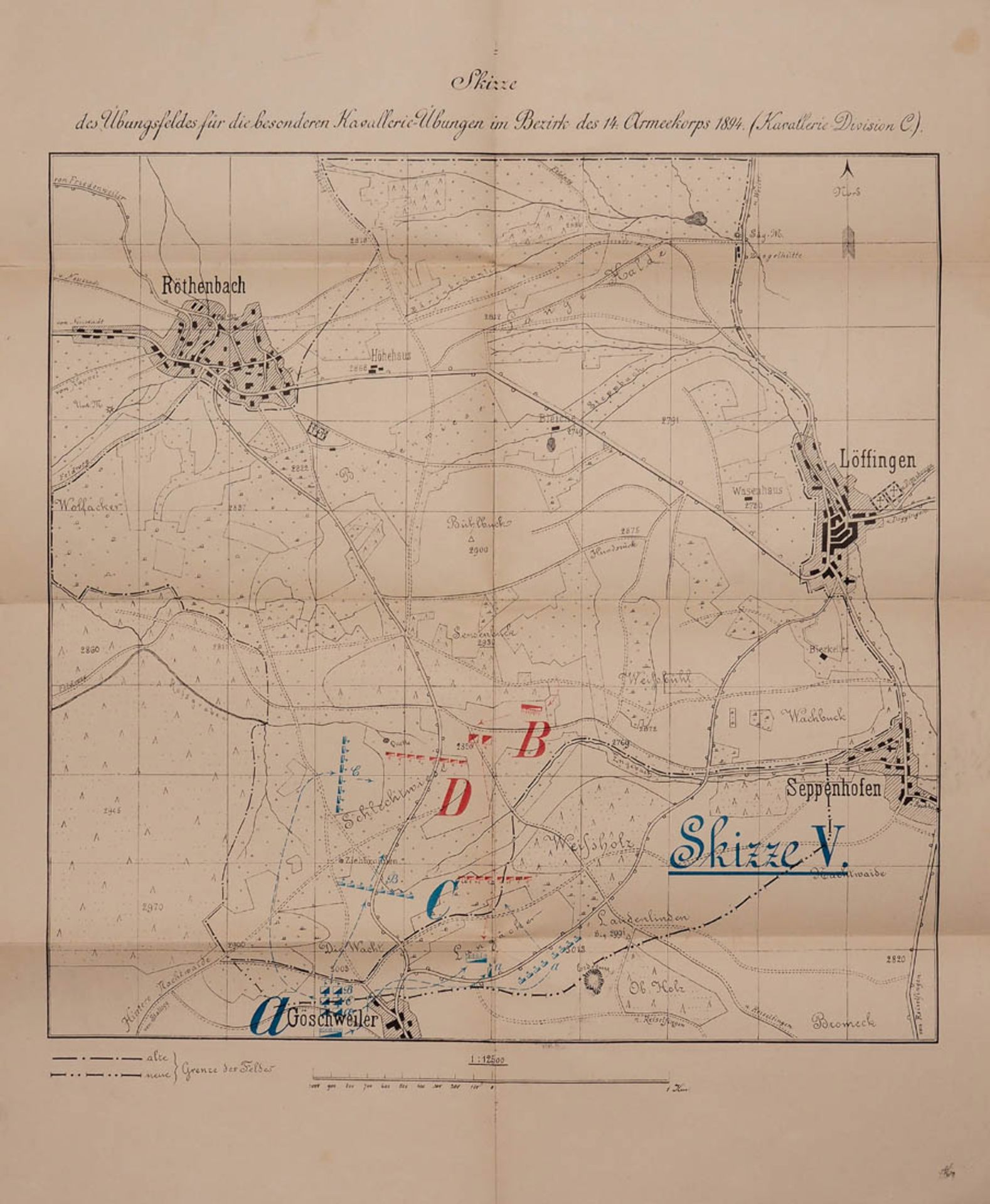 Fünf Militärkarten von 1894 Skizze des Übungsfeldes für Kavallerie des 14. Armeecorps, in der Nähe