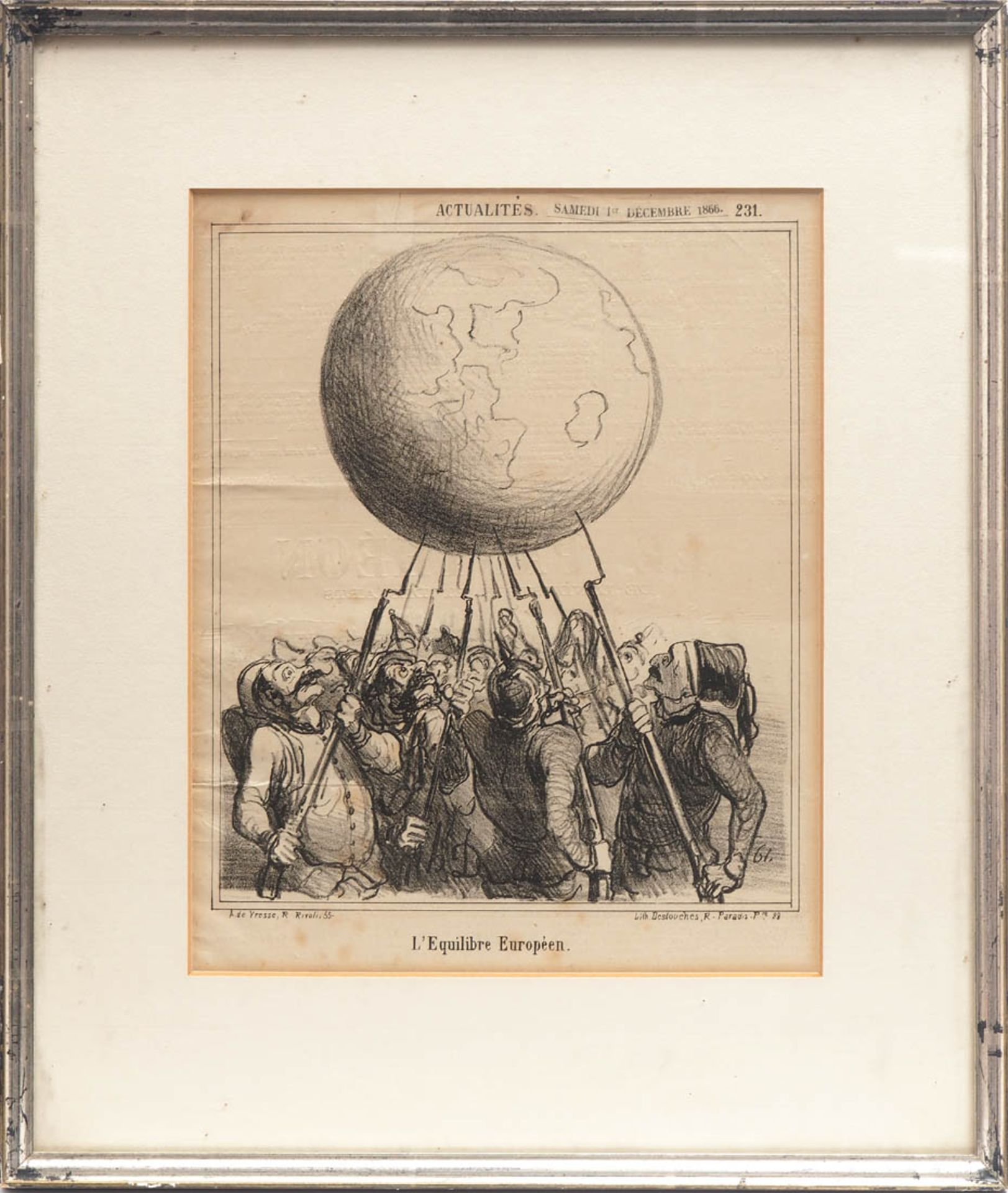 Daumier, Honoré, Karikatur, 1866 Gruppe von Soldaten verschiedener Nationen, die auf den Spitzen