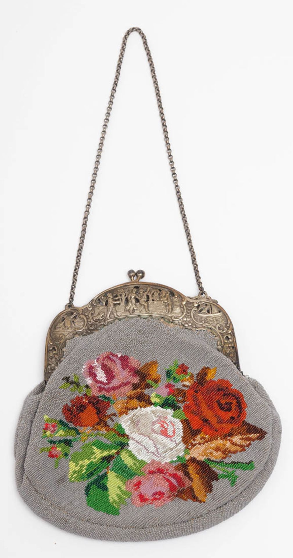 Abendtasche, um 1900 Bügel aus Silber 800 mit durchbrochen gearbeiteten und reliefierten bäuerlichen - Bild 5 aus 7