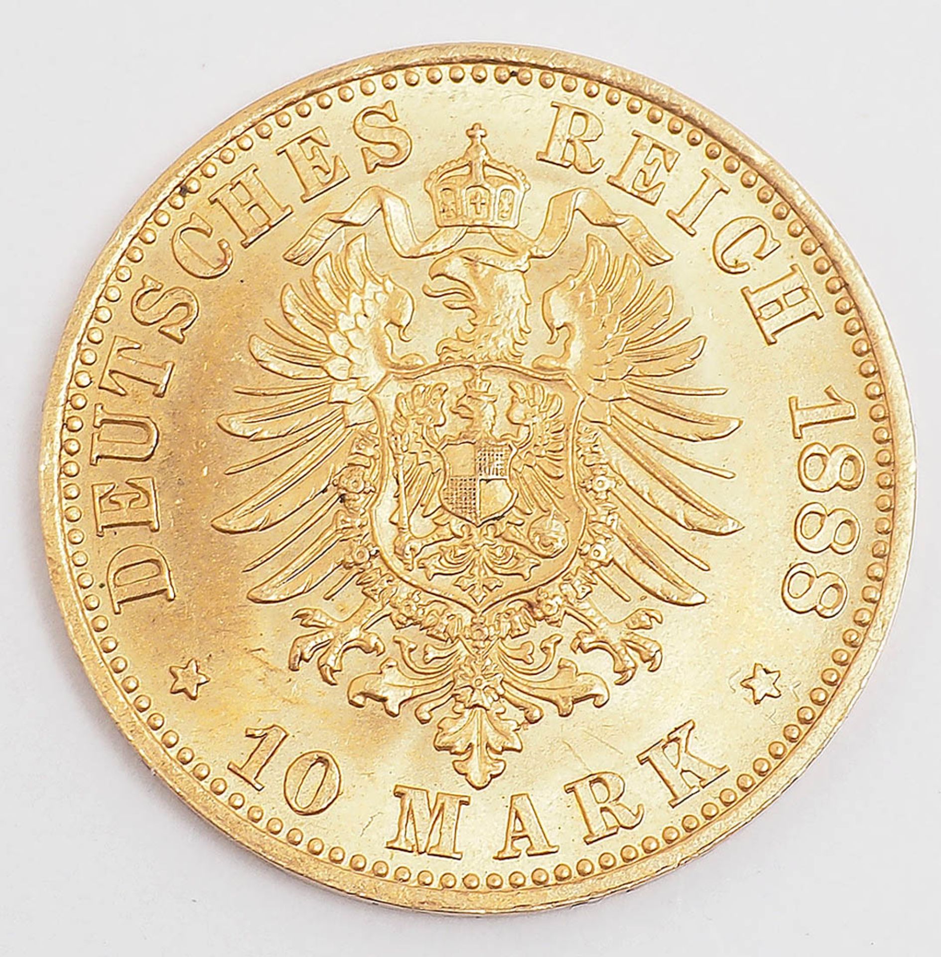 Zehn-Mark-Goldmünze Deutsches Reich 1888. Mit einem Portrait König Friedrichs von Preußen. - Bild 2 aus 2