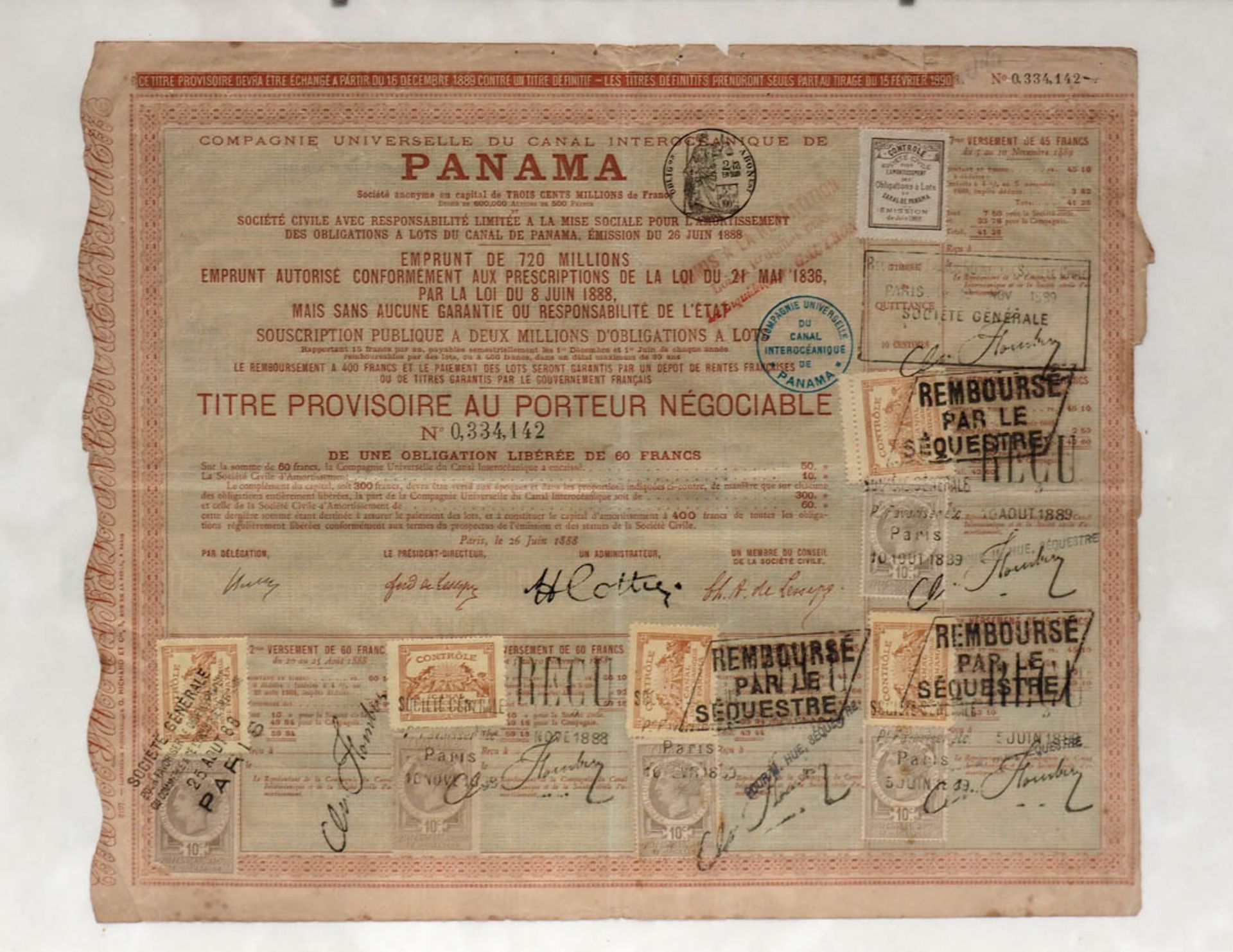 Aktie des Panama-Kanals, dat.1888 Mit zahlreichen Auszahlungsstempeln. Gerahmt, 26,5x31cm.