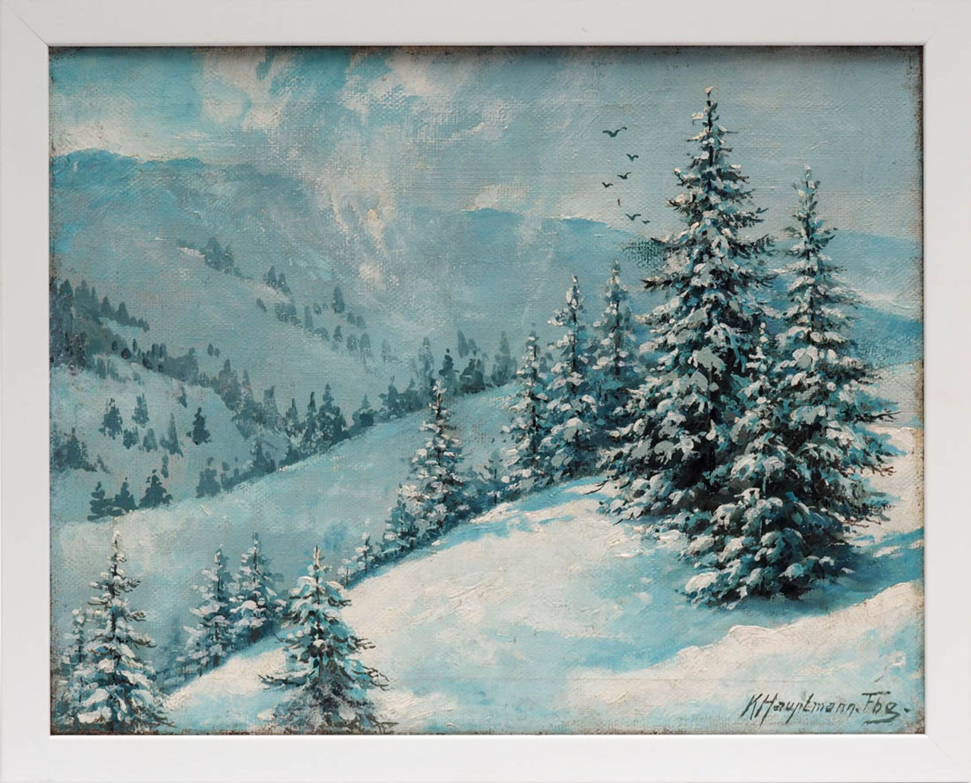 Hauptmann, Karl, 1880 - 1947 Weite, winterliche Schwarzwaldlandschaft mit schneeverhangenem Himmel