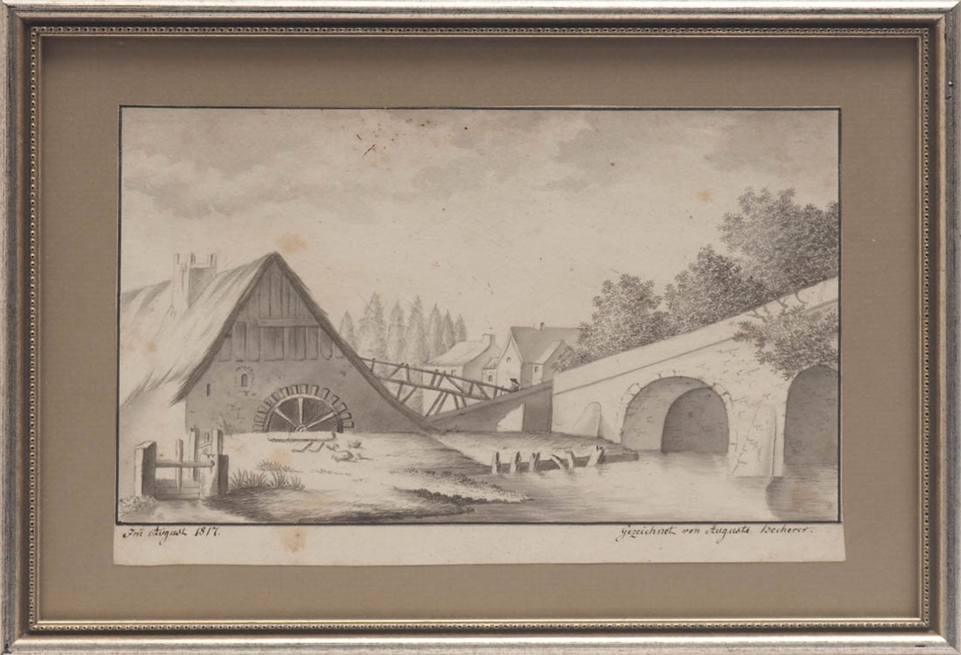 Becherer, Auguste, 1.Hälfte 19.Jhdt. Ansicht einer Mühle am Flusslauf mit Brücke, im Hintergrund