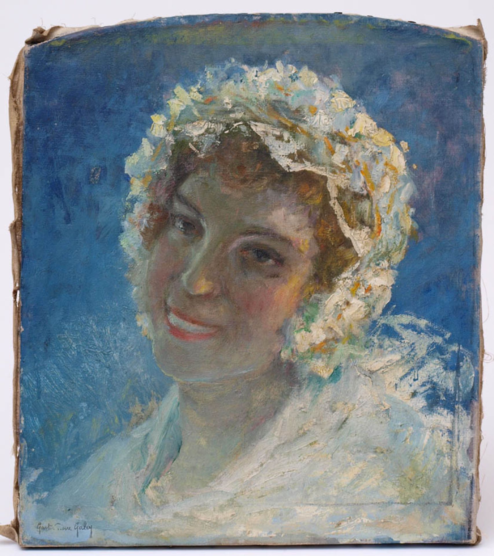 Galey, Gaston Pierre, 1880 - 1959 Brustbild einer lachenden jungen Frau mit weißer Haube. Öl/Lwd.,