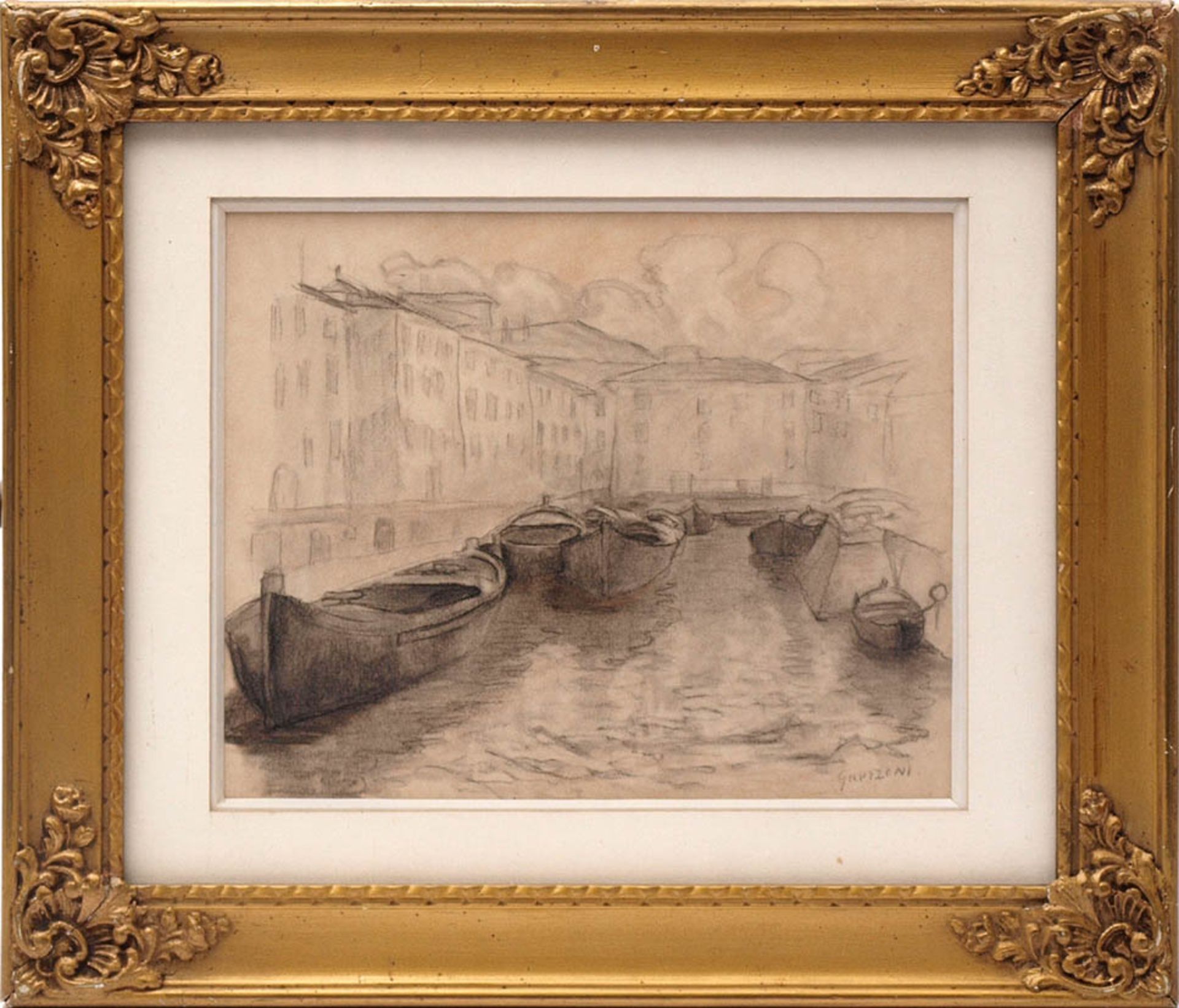 Guerzoni, Giovanni, 1876 - 1948 Morgendliche Ansicht des Hafens von Livorno. Lavierte