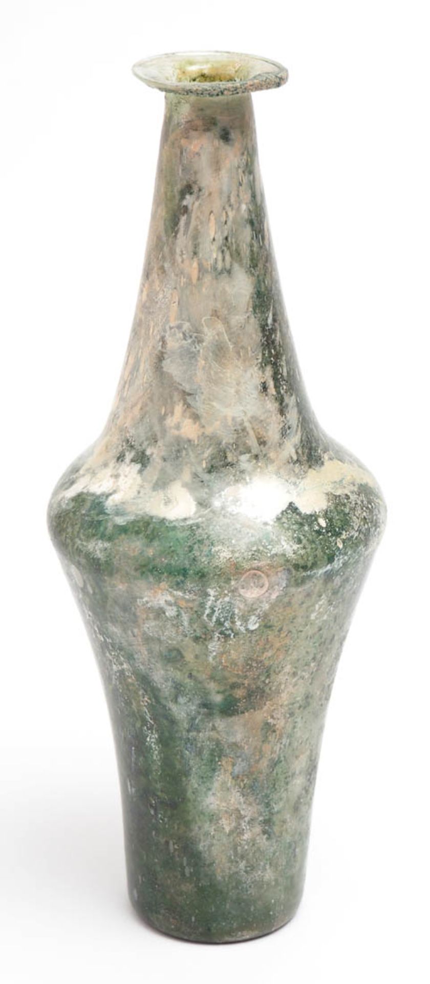 Römische Vase, Kaiserzeit Bikonischer Gefäßkörper mit ausladender Lippe. Grünliches Glas mit Iris.