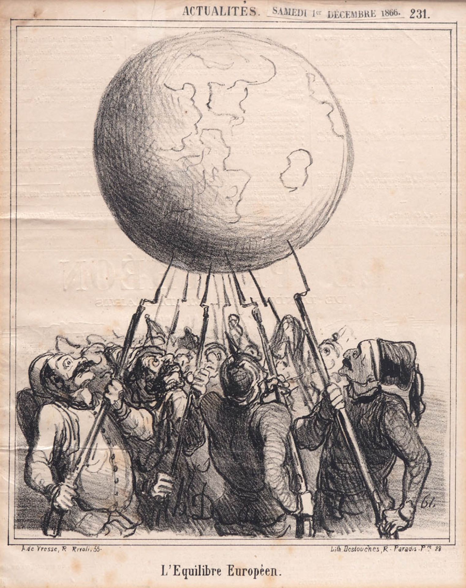 Daumier, Honoré, Karikatur, 1866 Gruppe von Soldaten verschiedener Nationen, die auf den Spitzen - Bild 2 aus 2
