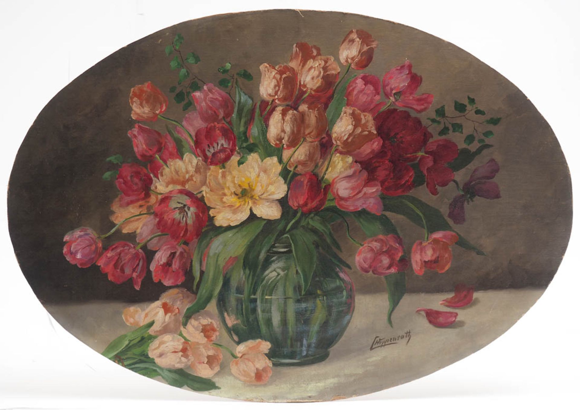 Hoppenrath, Clara, 1870 - 1930 Prächtiger Tulpenstrauß in heller Glasvase, daneben ein liegender