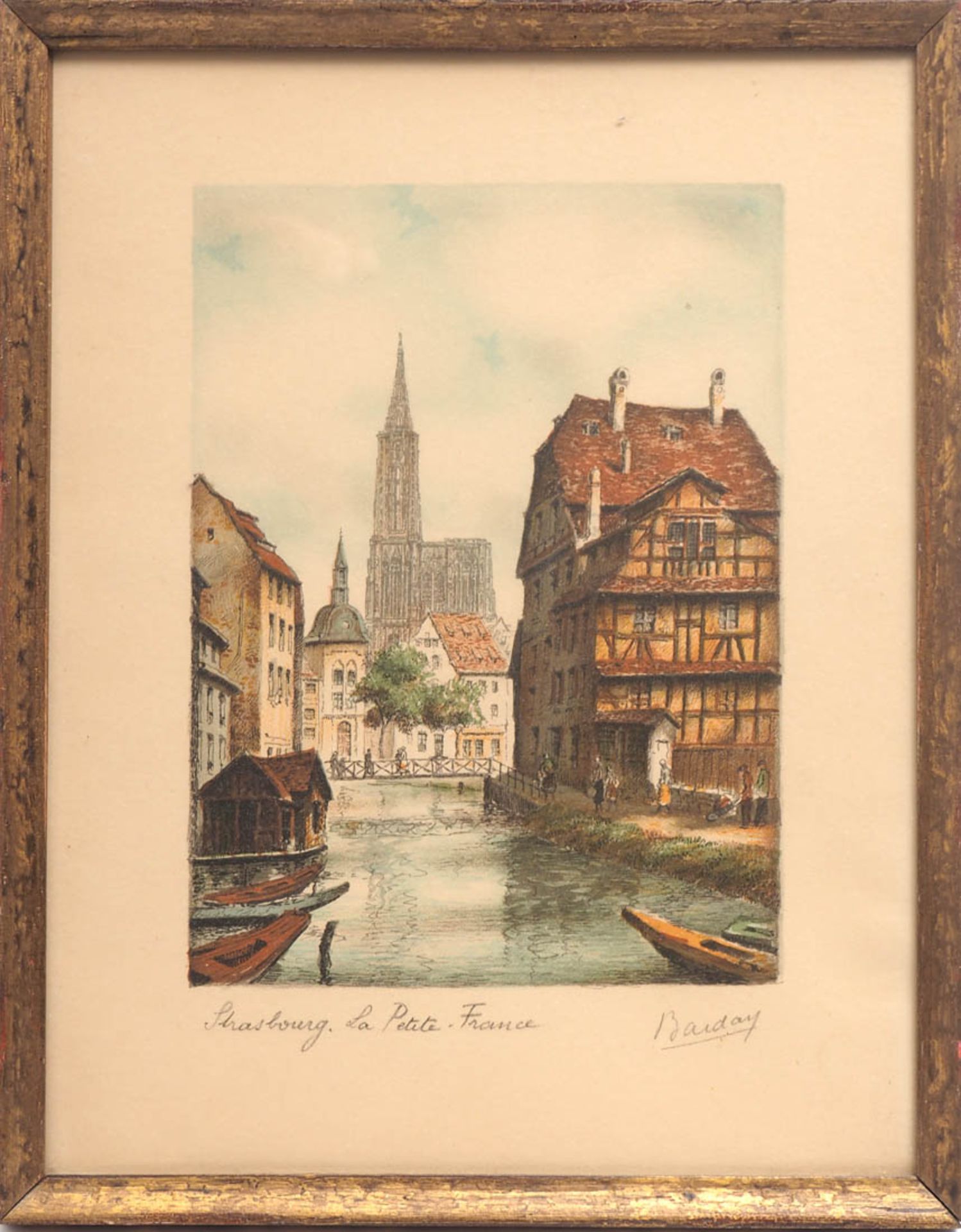 Vier kolorierte Radierungen 20er Jahre Unterschiedliche Ansichten aus Straßburg. Als Pendants ger. - Bild 5 aus 5