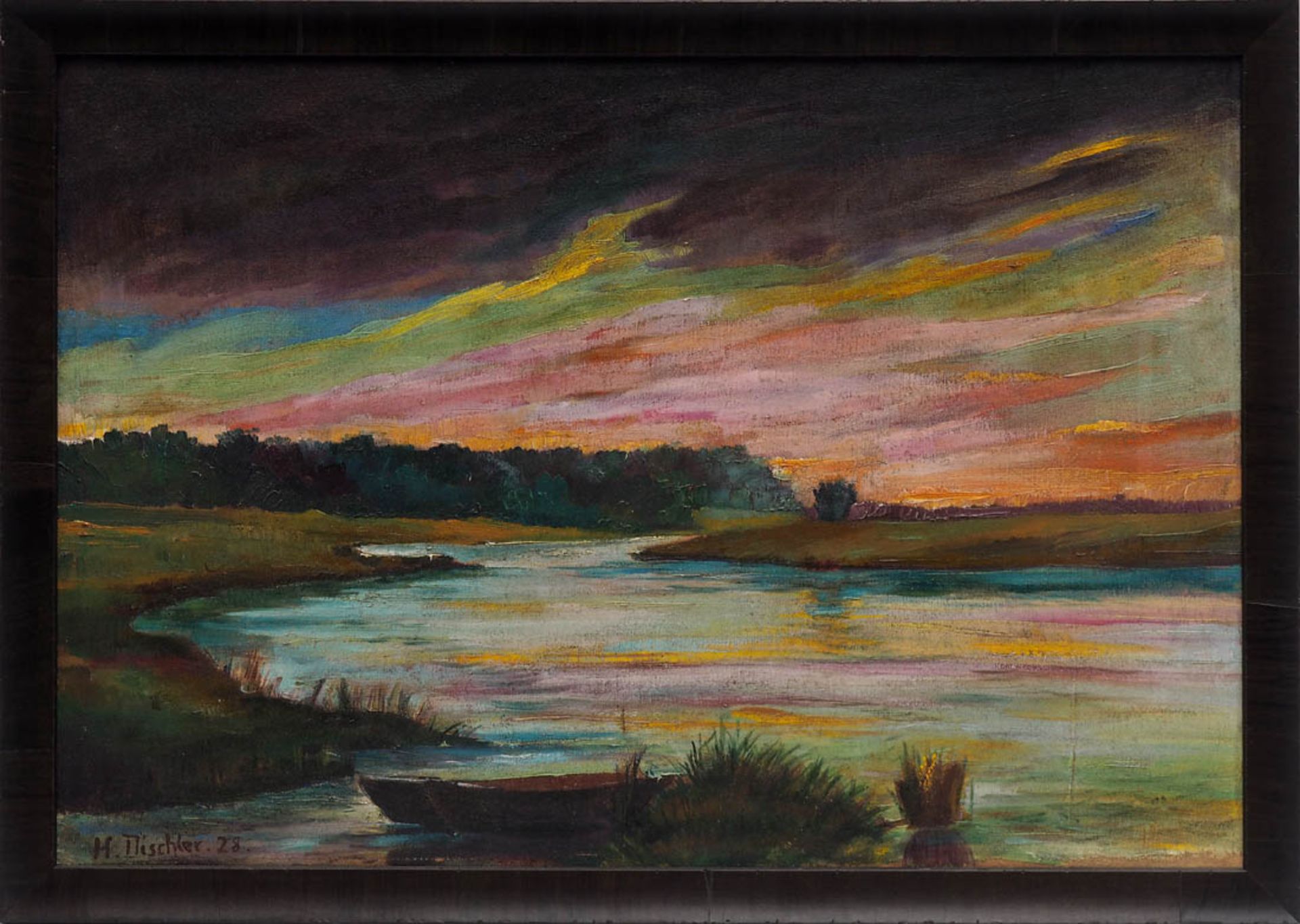 Dischler, Hermann, 1866 - 1935 Abendliche Stimmung am Altrhein. Über den sonnenbeleuchteten Wolken