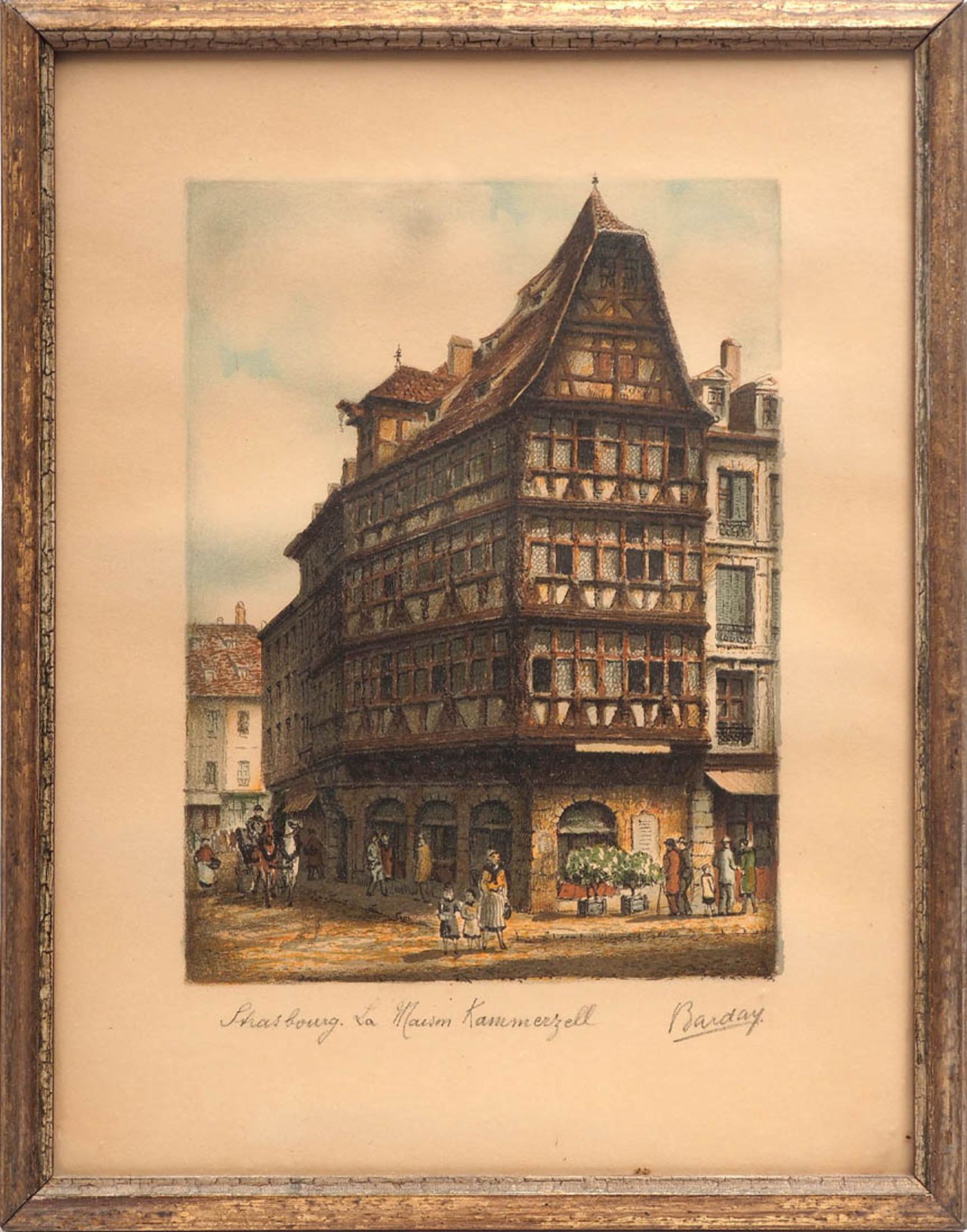 Vier kolorierte Radierungen 20er Jahre Unterschiedliche Ansichten aus Straßburg. Als Pendants ger. - Bild 2 aus 5