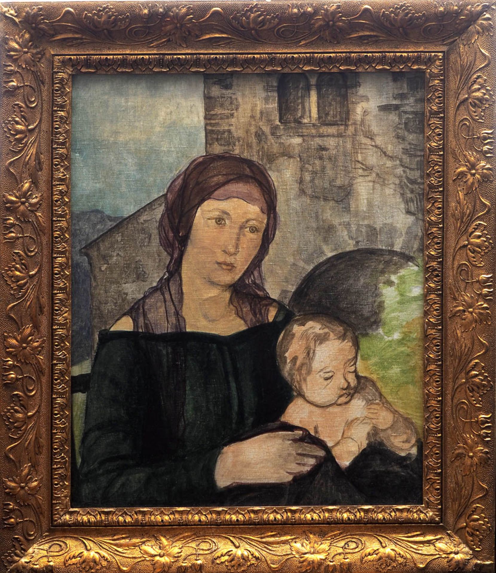 Haller, Wilhelm, 1873 - 1950 Madonna mit Kind vor romanischer Kirche. Ölstudie auf Leinwand, verso