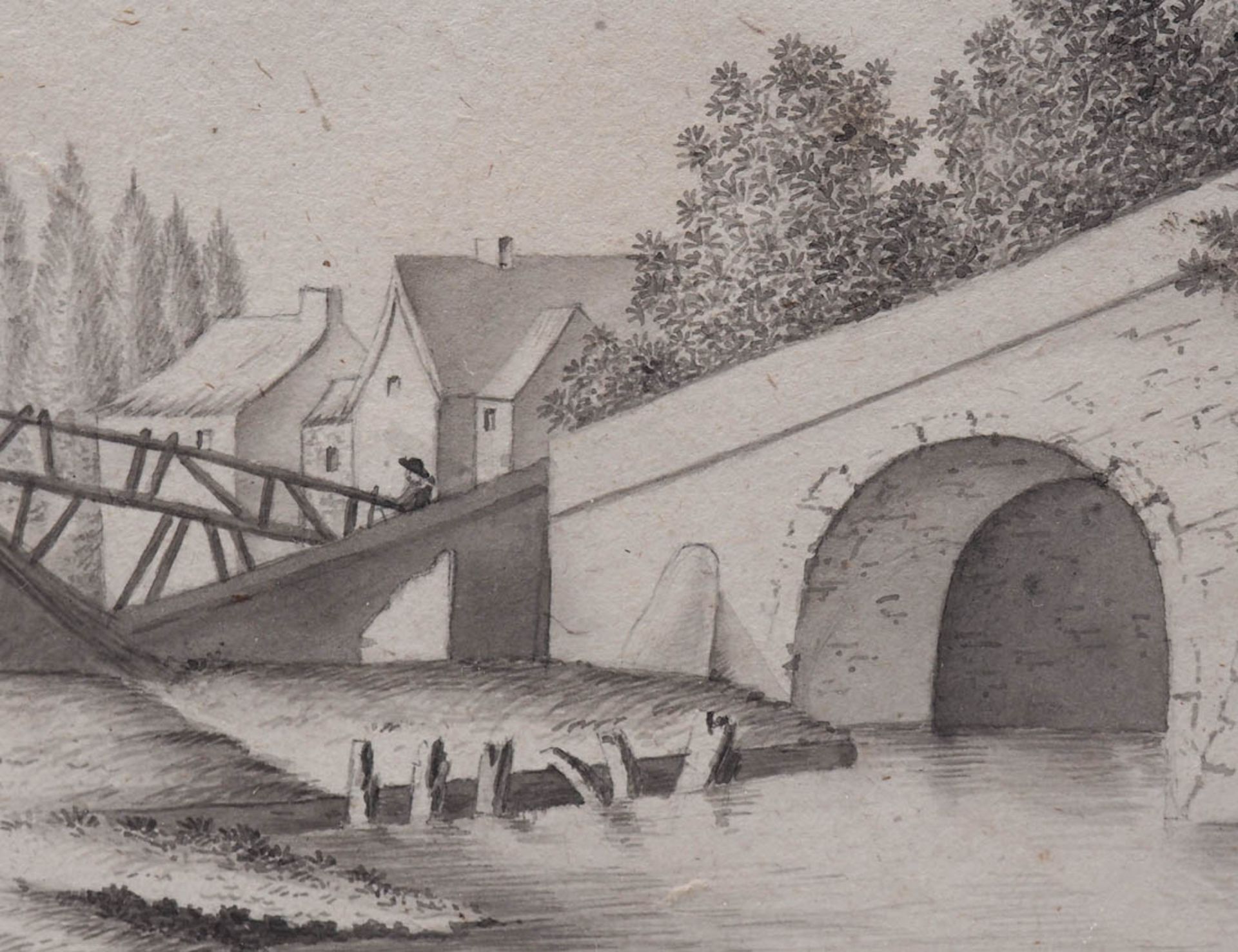 Becherer, Auguste, 1.Hälfte 19.Jhdt. Ansicht einer Mühle am Flusslauf mit Brücke, im Hintergrund - Bild 2 aus 5