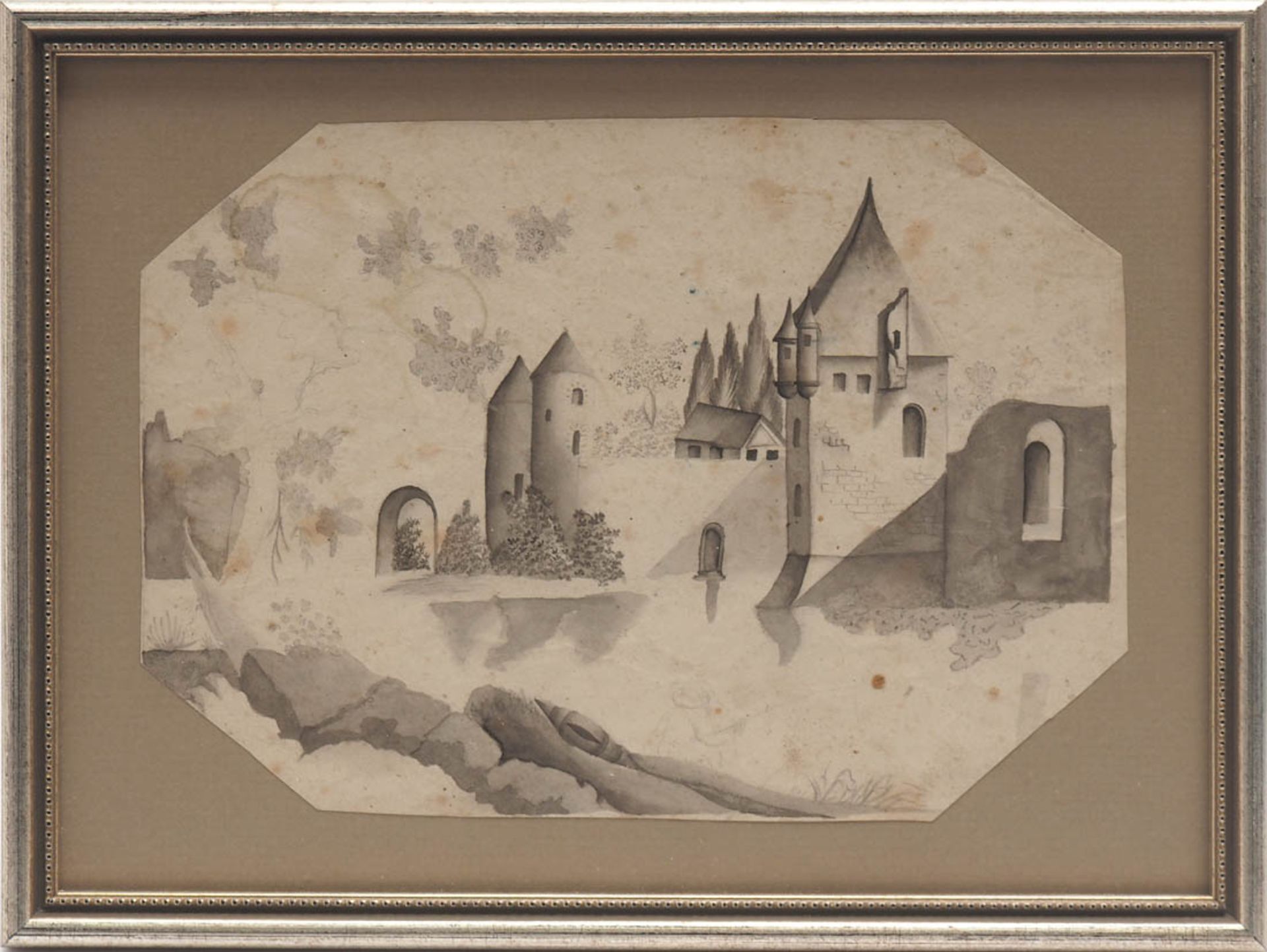 Becherer, Auguste, 1.Hälfte 19.Jhdt. Ansicht einer Mühle am Flusslauf mit Brücke, im Hintergrund - Bild 5 aus 5