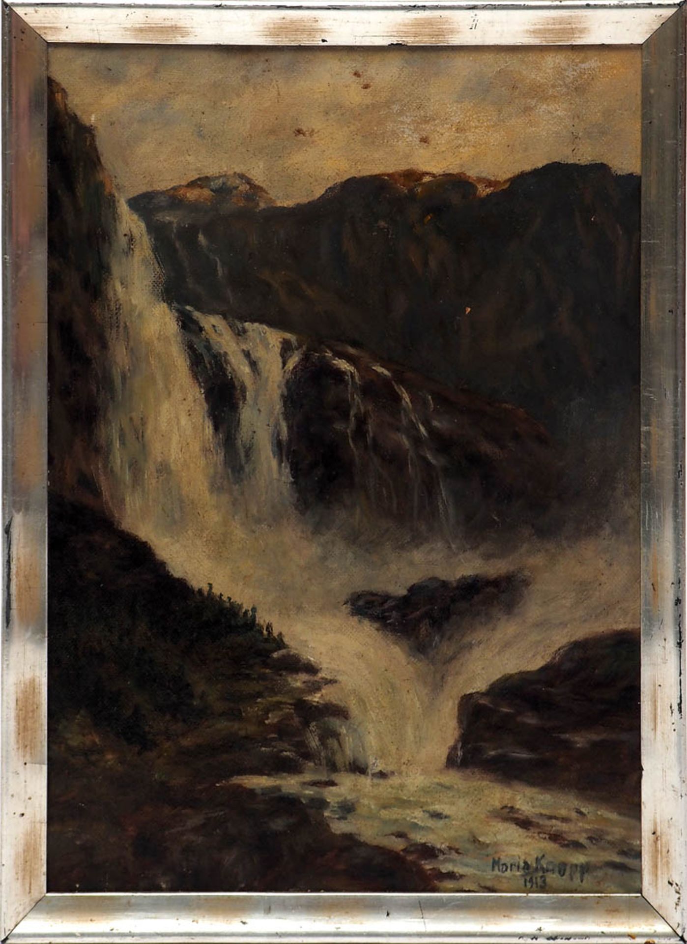 Knopp, Maria, dat. 1913 Blick auf einen großen Wasserfall im Gebirge. Öl/Kt., rechts unten sign. und