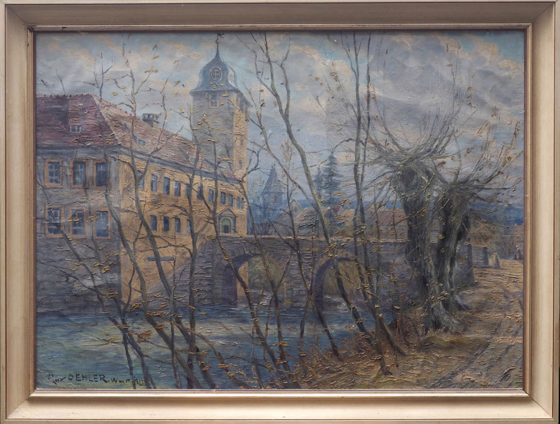 Oehler, Max, 1881 - 1943 Blick auf die Brücke einer Wasserburg, im Hintergrund die Dächer eines