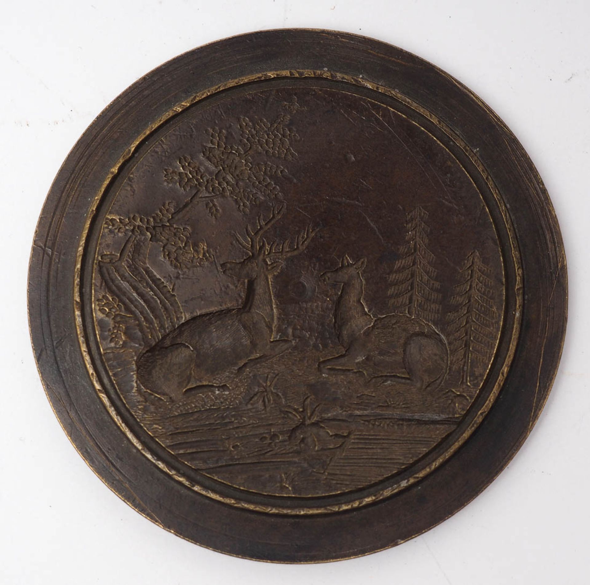 Prägestempel, 19.Jhdt. Hirsch und Hirschkuh in Waldlandschaft. Bronze. Durchm.6,3cm.