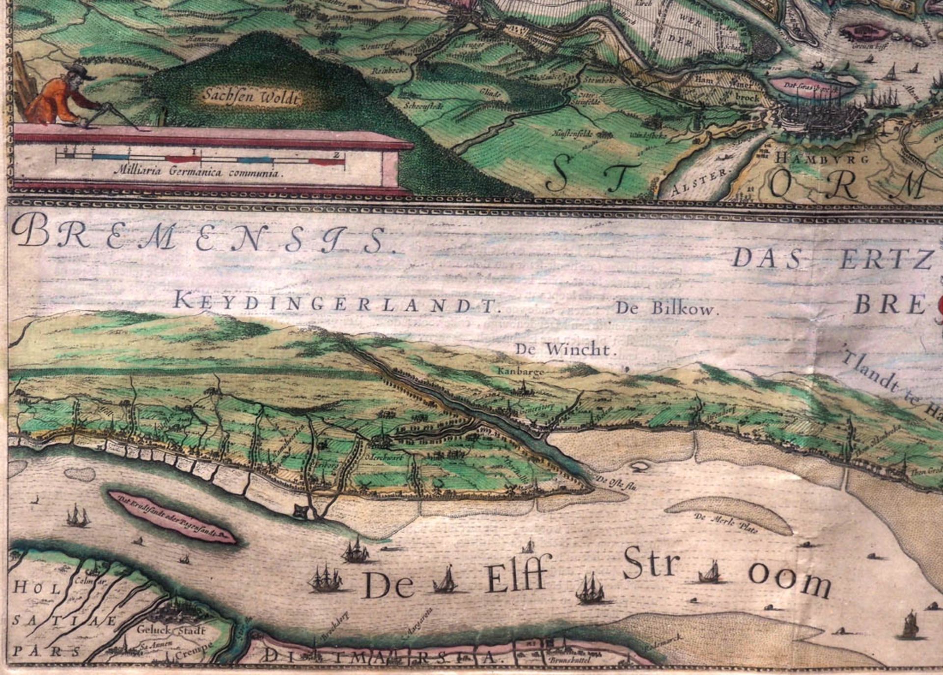 Blaeu, Willem Janszoon, 1571 - 1638 Landkarte der Elbe mit angrenzenden Gebieten. Kupferstich, reich - Image 7 of 7
