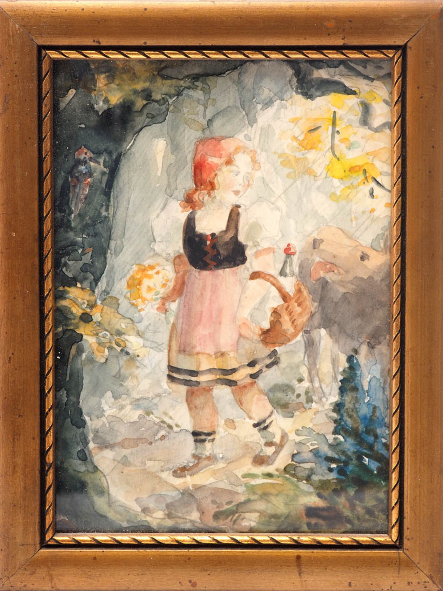 Ludwig, Hans Rotkäppchen mit dem Wolf. Aquarell über Bleistift, ger. Bildgröße 14x10cm.