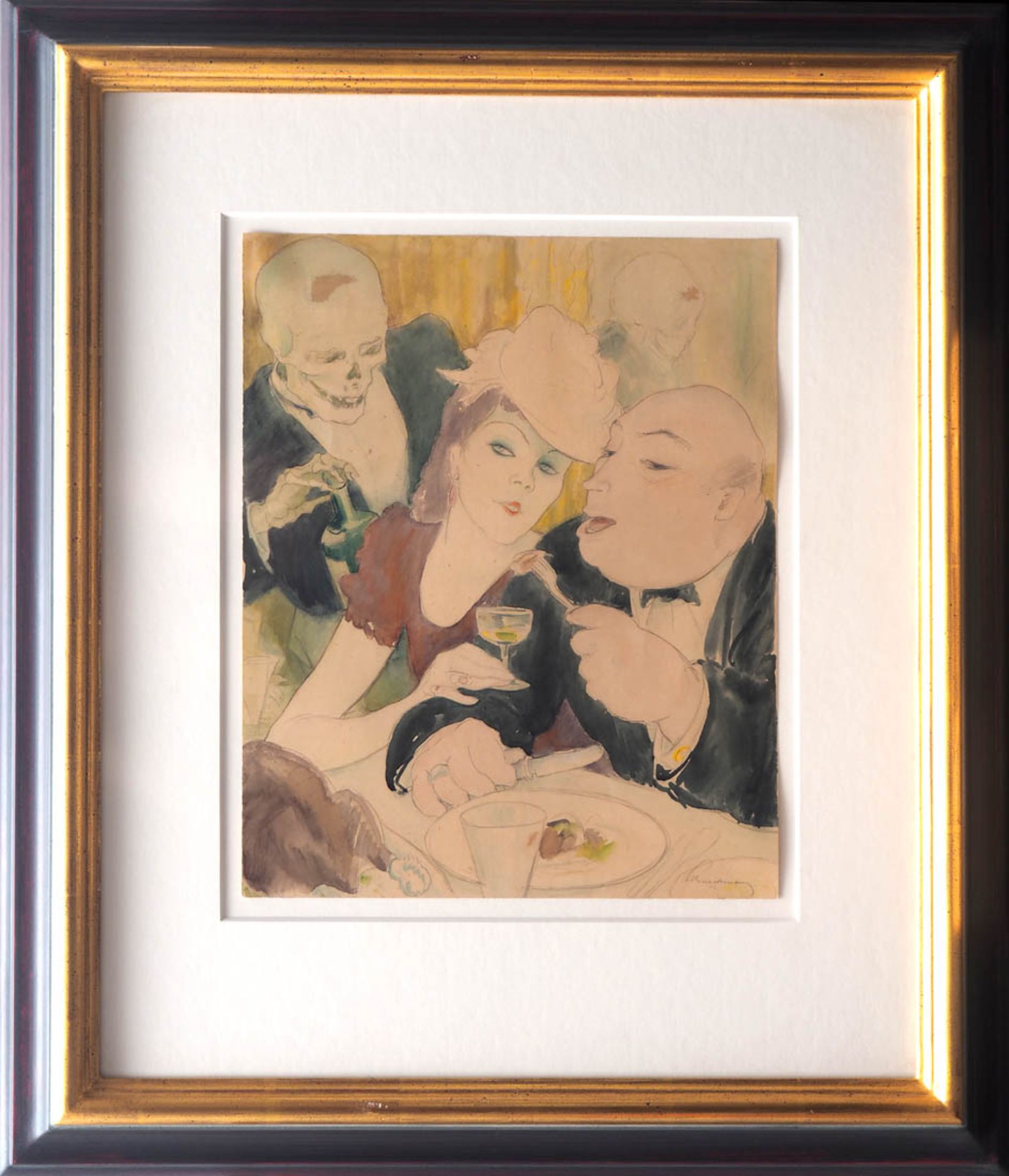 Schnackenberg, Walter, 1880 - 1961 Elegantes Paar beim Speisen im Restaurant, neben ihnen der Tod