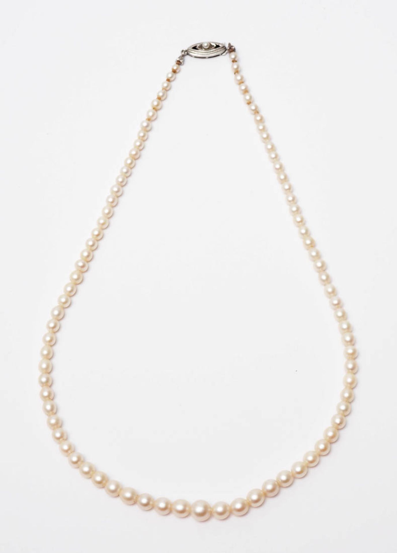 Zuchtperlkette Ovales Silberschloss mit einzelner Perle. L.46cm. - Bild 3 aus 3