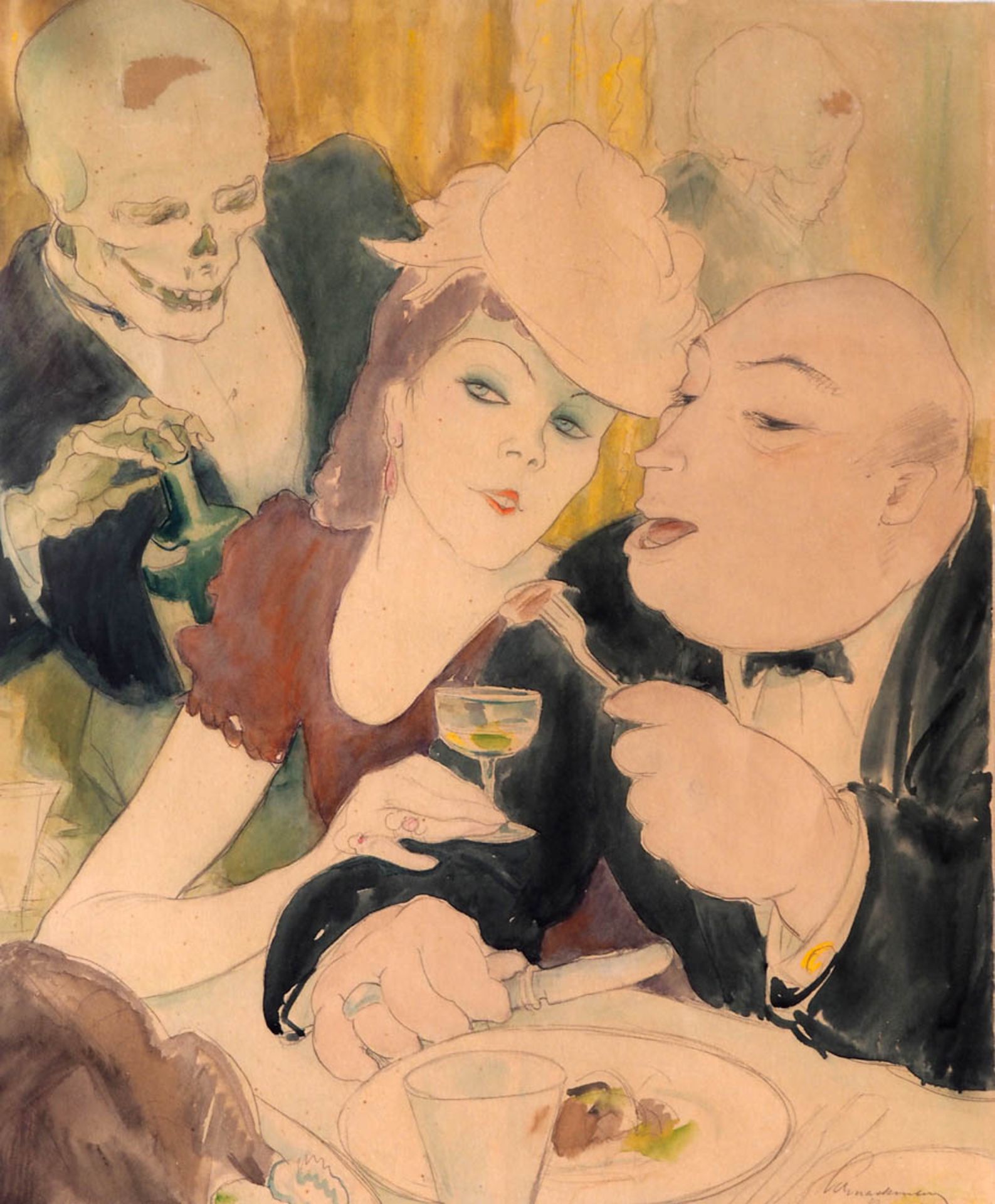 Schnackenberg, Walter, 1880 - 1961 Elegantes Paar beim Speisen im Restaurant, neben ihnen der Tod - Bild 2 aus 3