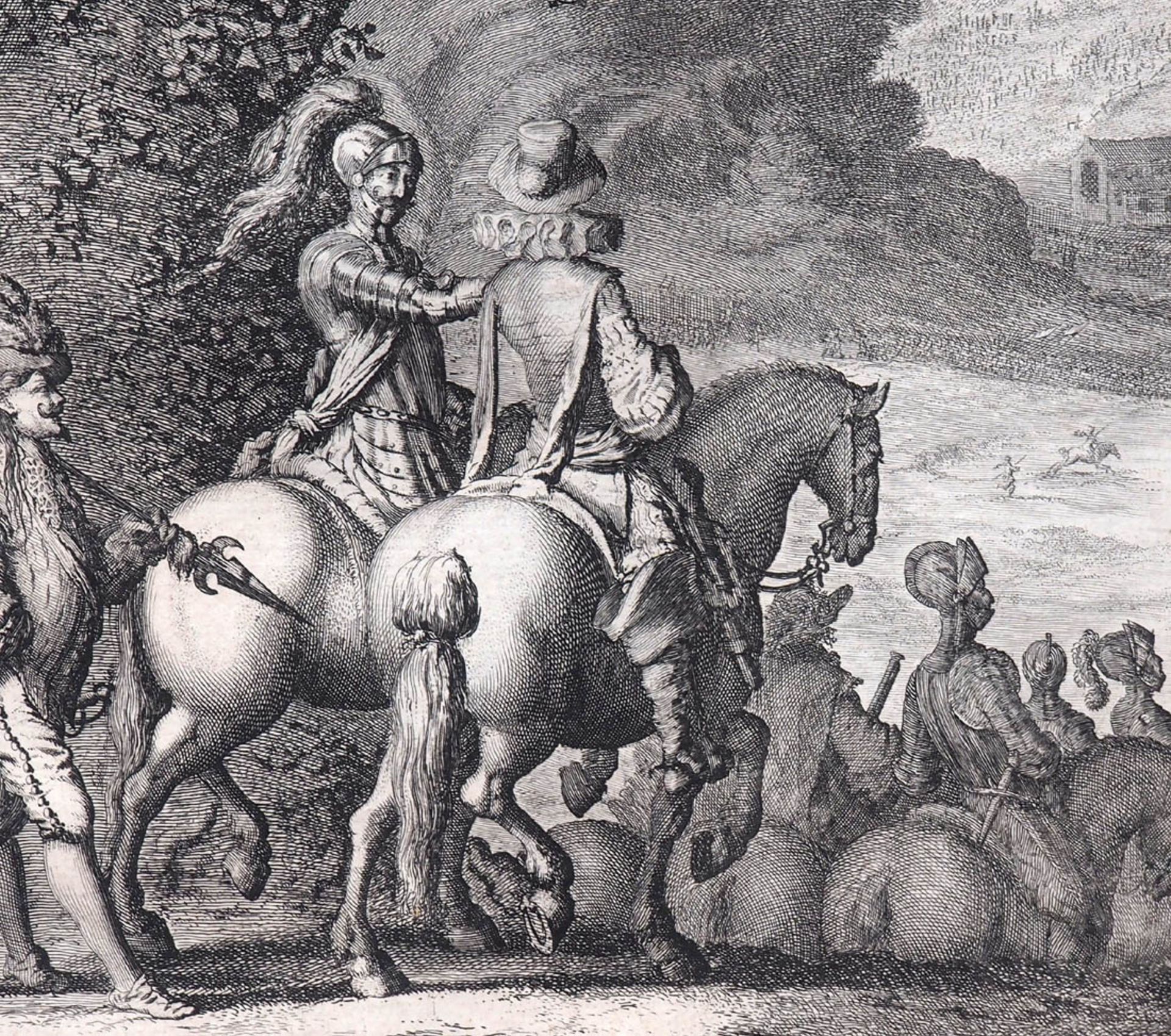 Kupferstich, dat. 1595 Im Vordergrund berittene Soldaten, die auf eine Stadt an einem Fluss - Bild 2 aus 4