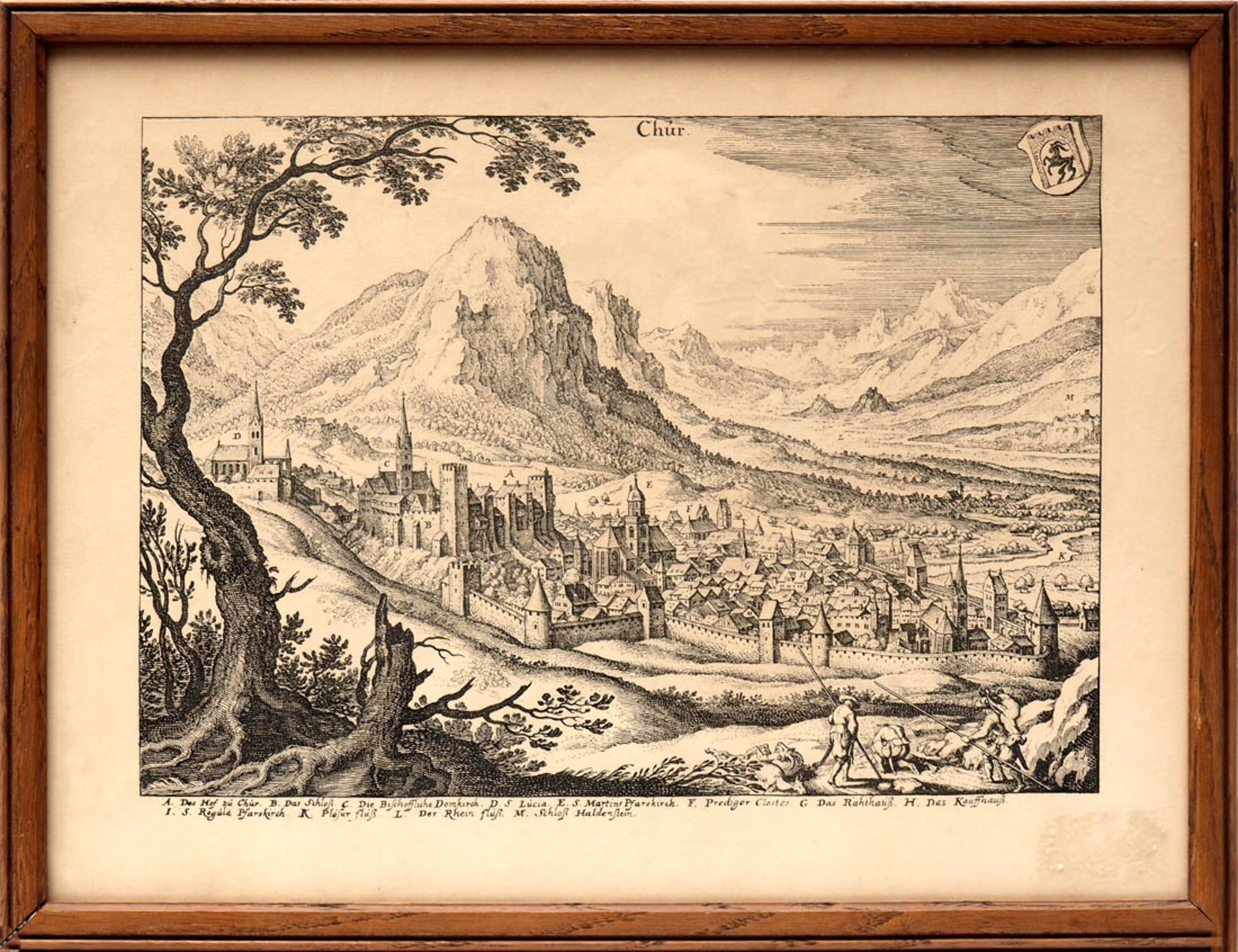 Merian, aus "Topographia Helvetiae", 1642 Ansicht von Chur mit umgebender Landschaft, im Vordergrund