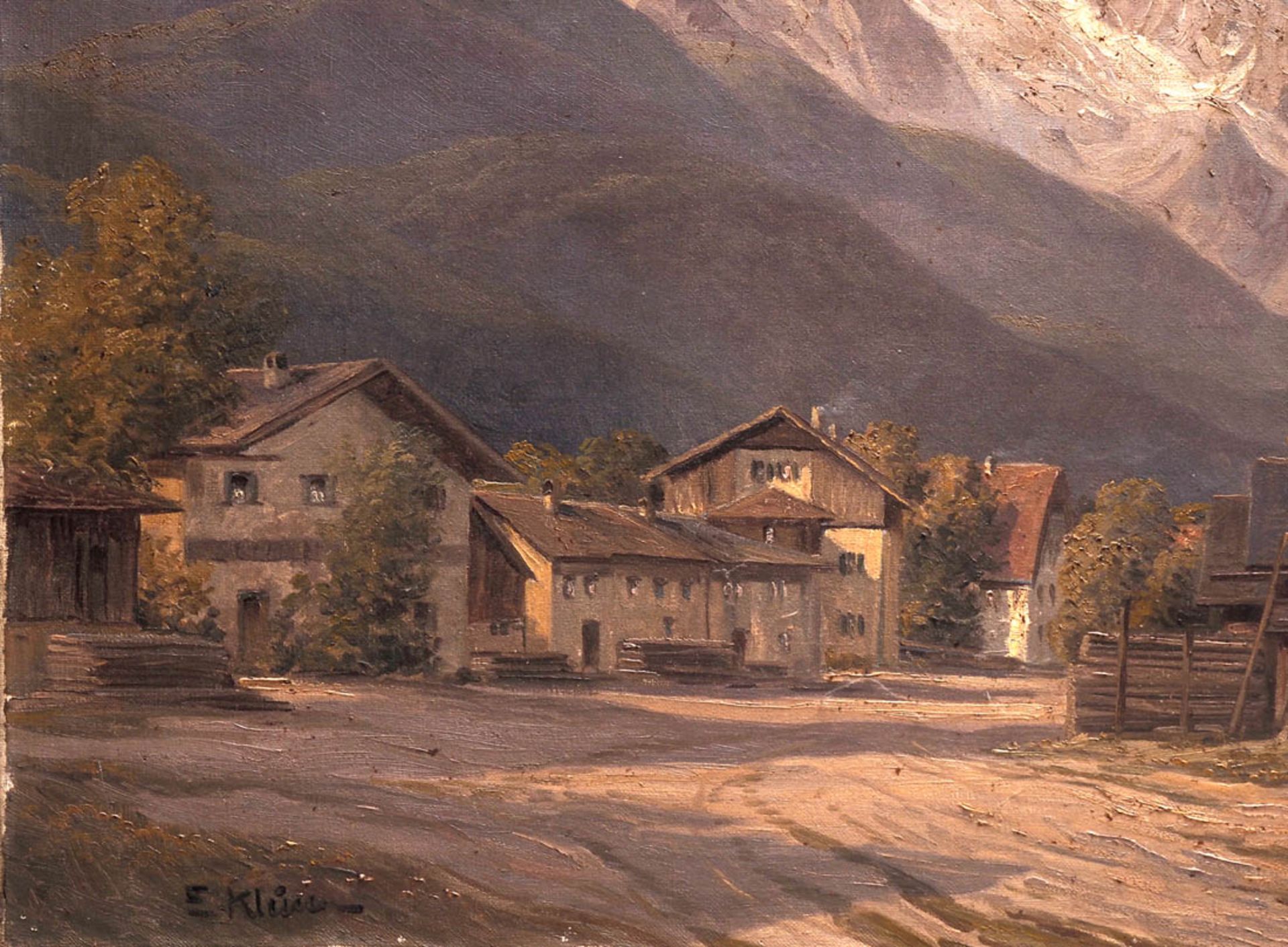 Klein, Eitel, 1906 - 1990 Dorfstraße eines kleinen Ortes in Voralpenlandschaft. Im Hintergrund die - Bild 4 aus 7