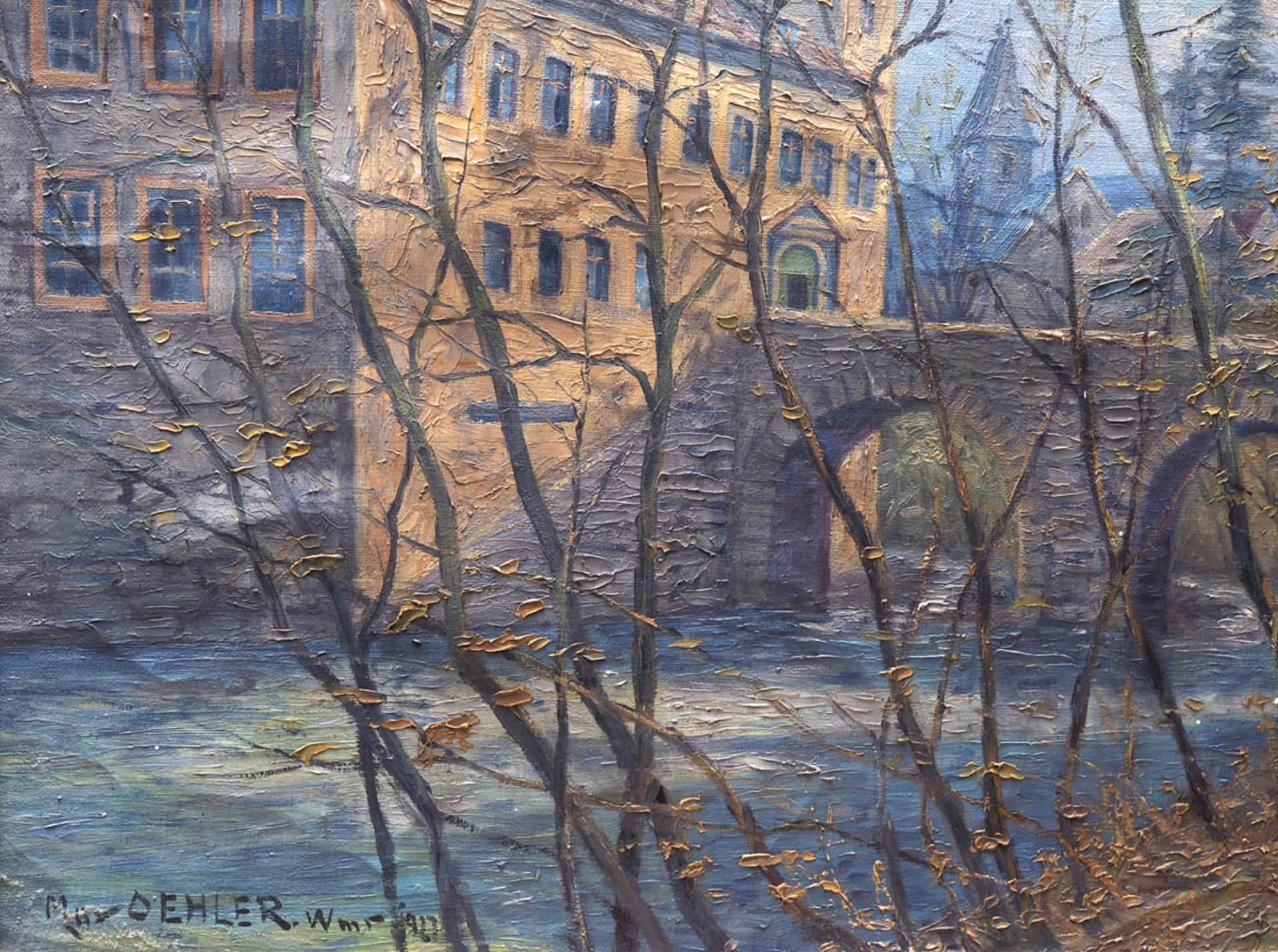 Oehler, Max, 1881 - 1943 Blick auf die Brücke einer Wasserburg, im Hintergrund die Dächer eines - Bild 3 aus 8