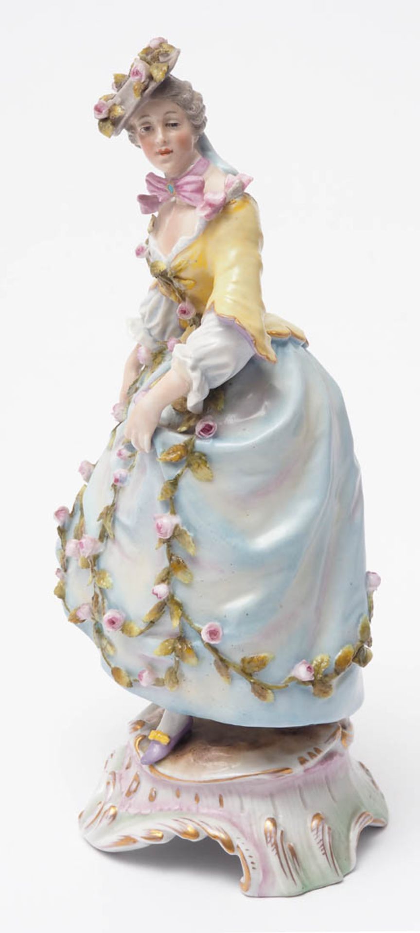 Figurine, Conta & Böhme, 19.Jhdt. Auf reliefiertem Rocaillensockel vornehm gekleidete Dame in - Bild 2 aus 7