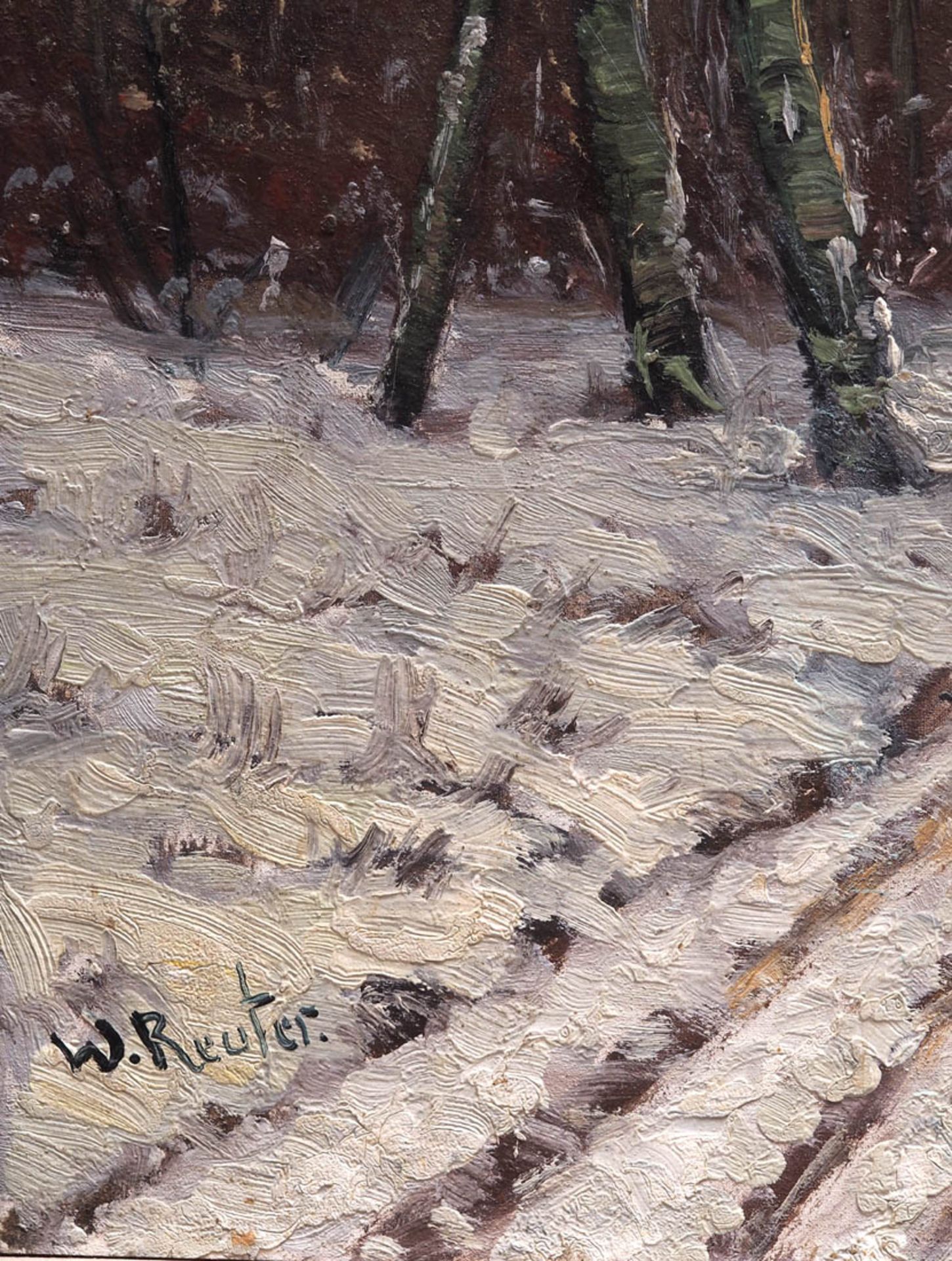 Reuter, Wilhelm, 1874 - 1958 Nächtliche Winterlandschaft; auf einem einsamen Pfad drei Wanderer. - Bild 7 aus 7