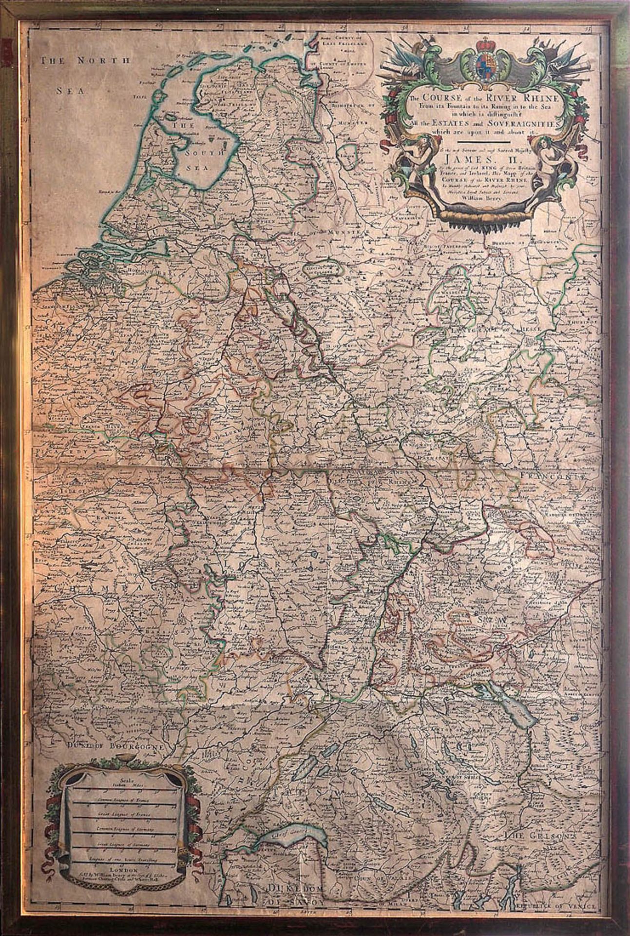 Berry, William, 1639 - 1718 Der Verlauf des Rheins, rechts oben große Wappenkartusche mit Widmung