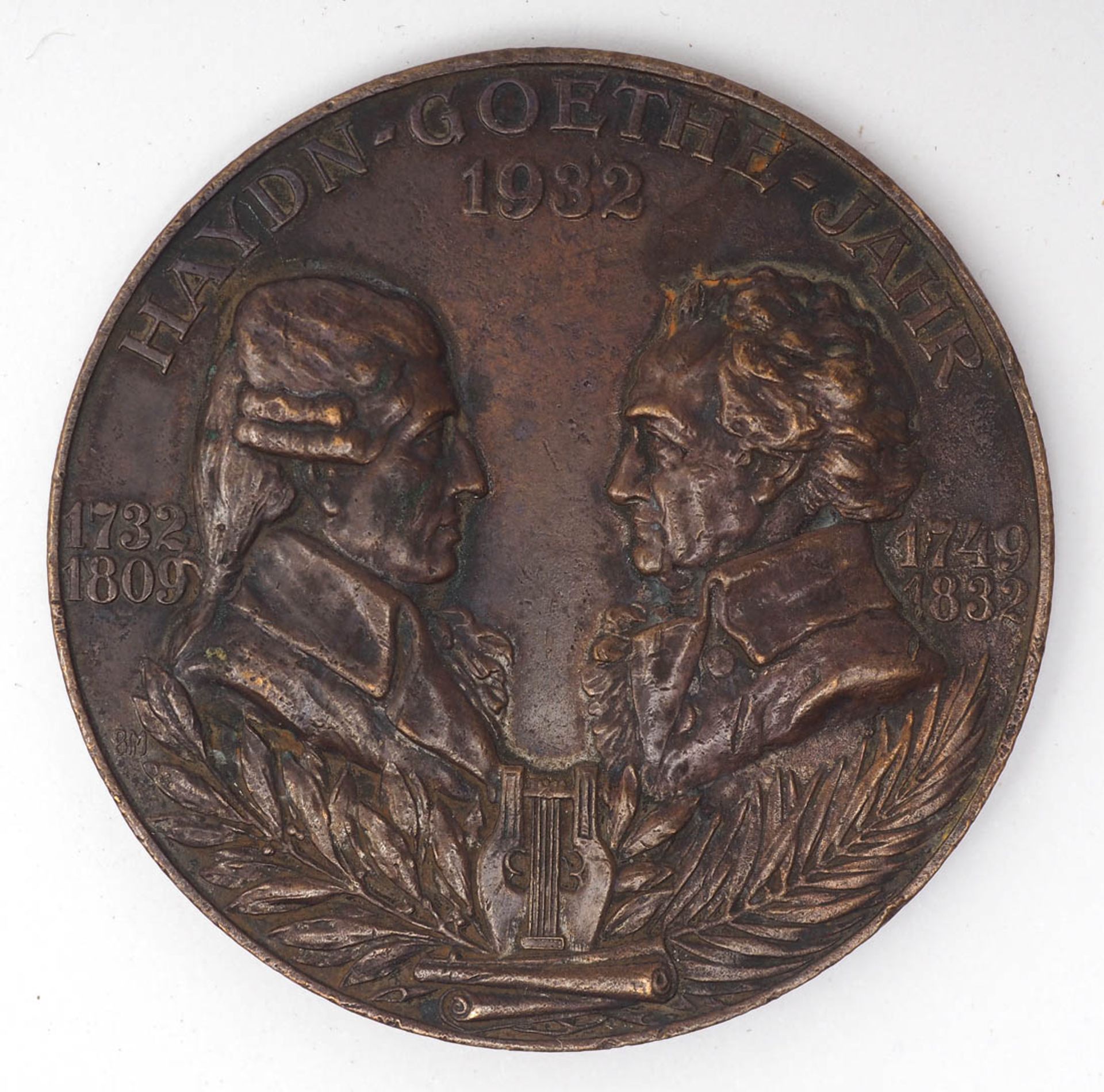 Medaille Portraits von Joseph Haydn und Johann Wolfgang von Goethe, dat. 1932. Bronze, Durchm.5cm.