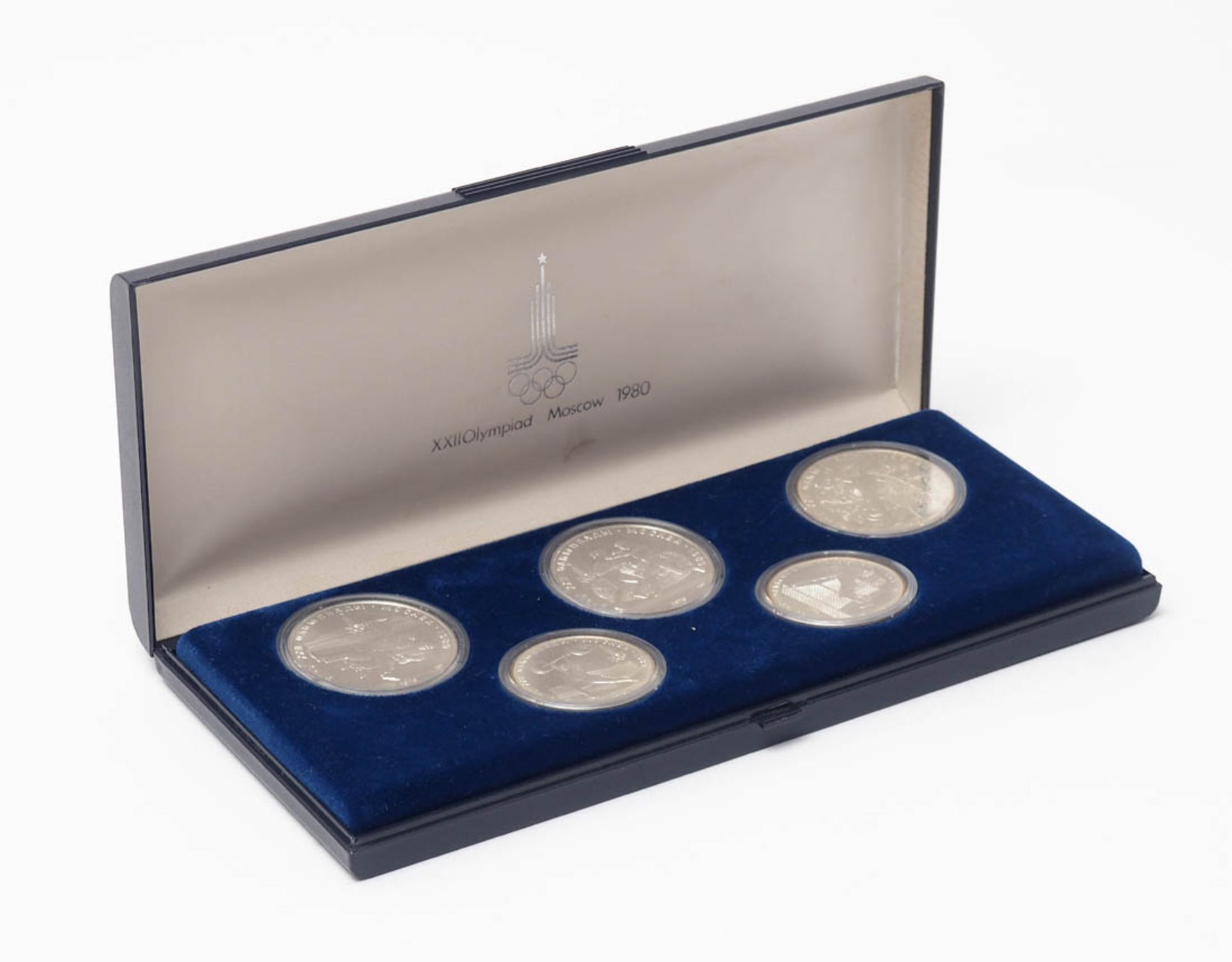 Fünf Olympia-Münzen, Moskau 1979/1980 In Kunststoffkapsel im Originalkasten. Silber, Nennwert 5