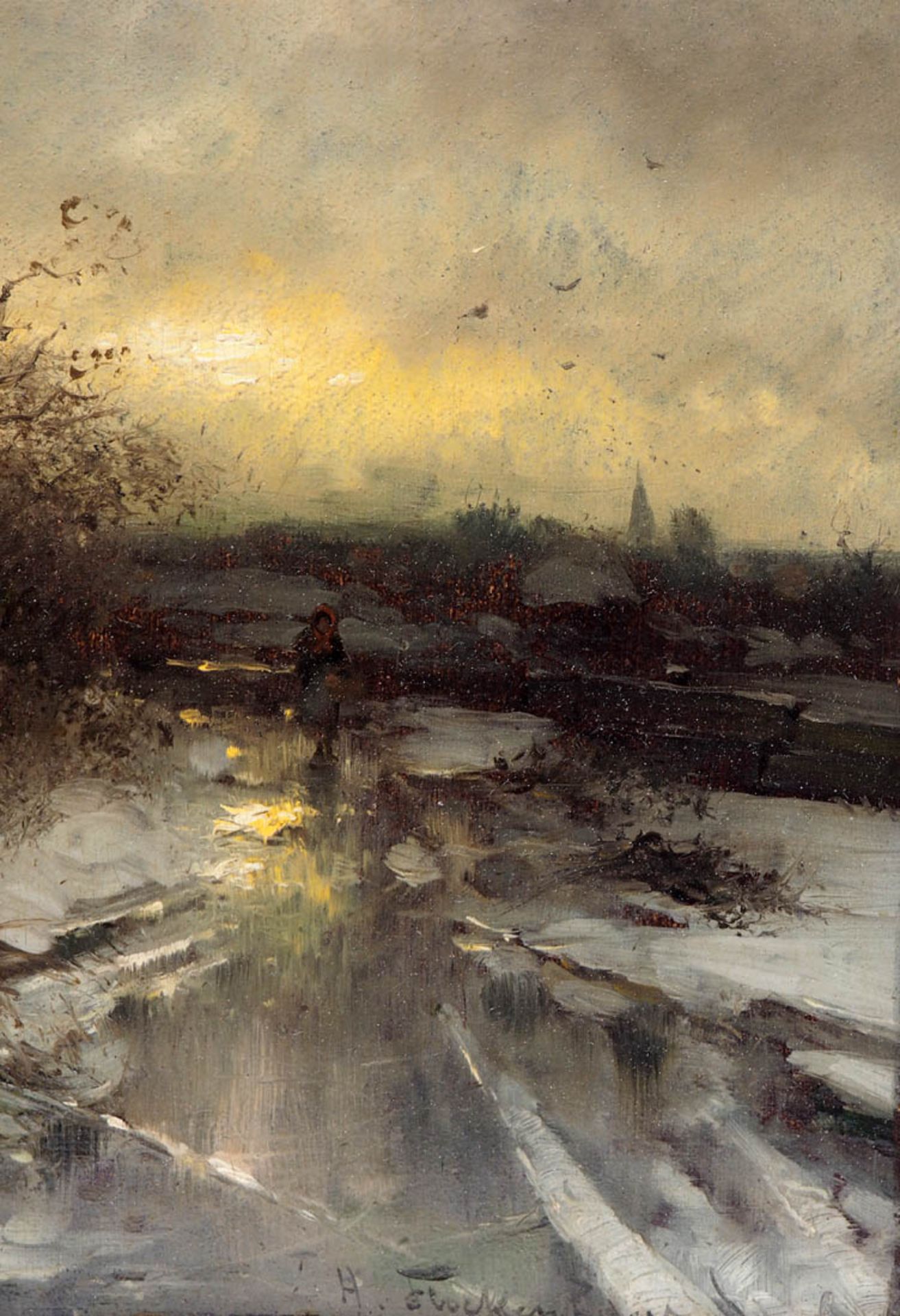 Flockenhaus, Heinz, 1856 - 1919 Abendliche Partie im Winter, im Vordergrund eine einsame Gestalt auf - Bild 4 aus 8