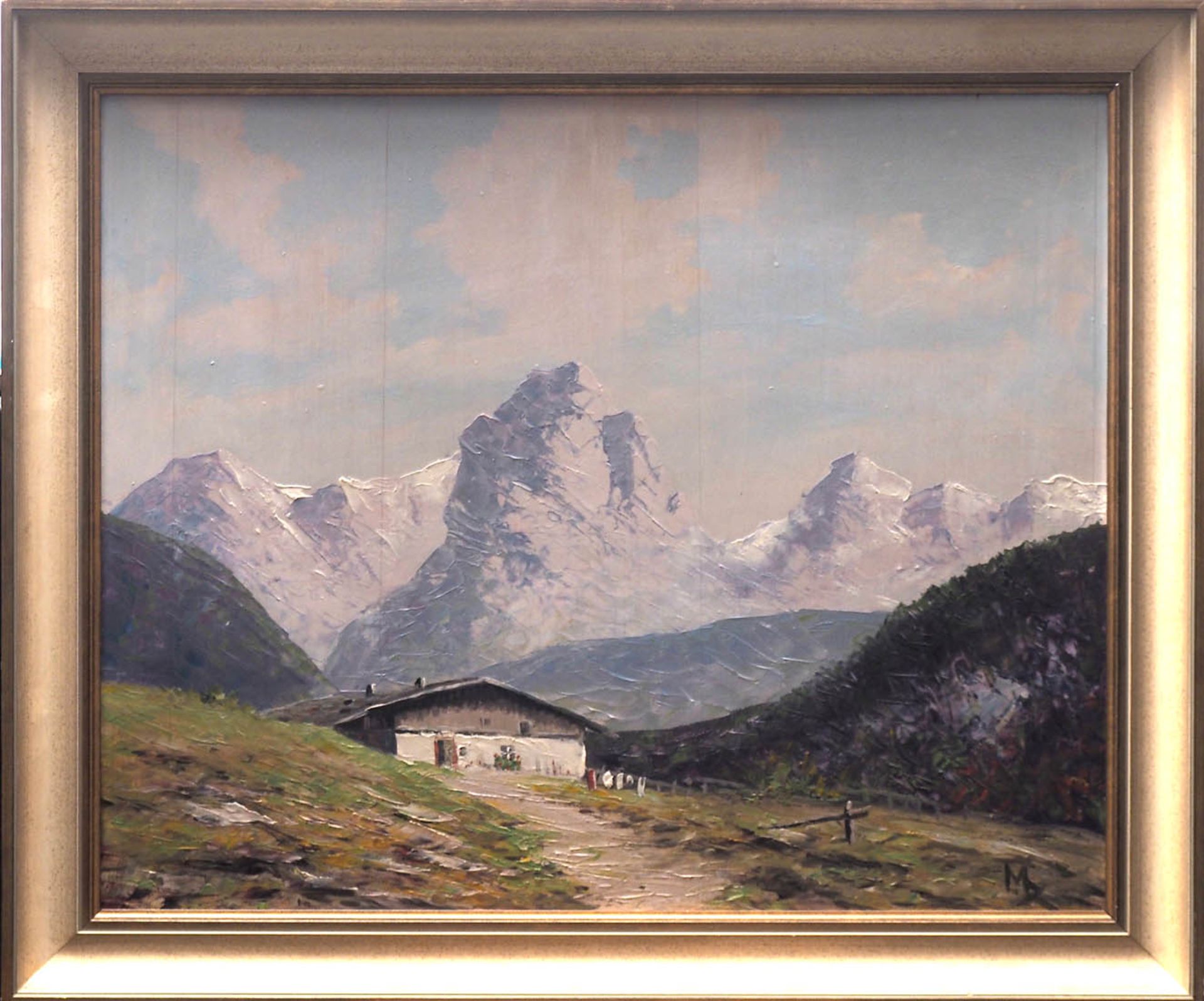 Miltz, Toni Sommerliche Partie in den Alpen, im Vordergrund eine Sennerhütte, im Hintergrund der