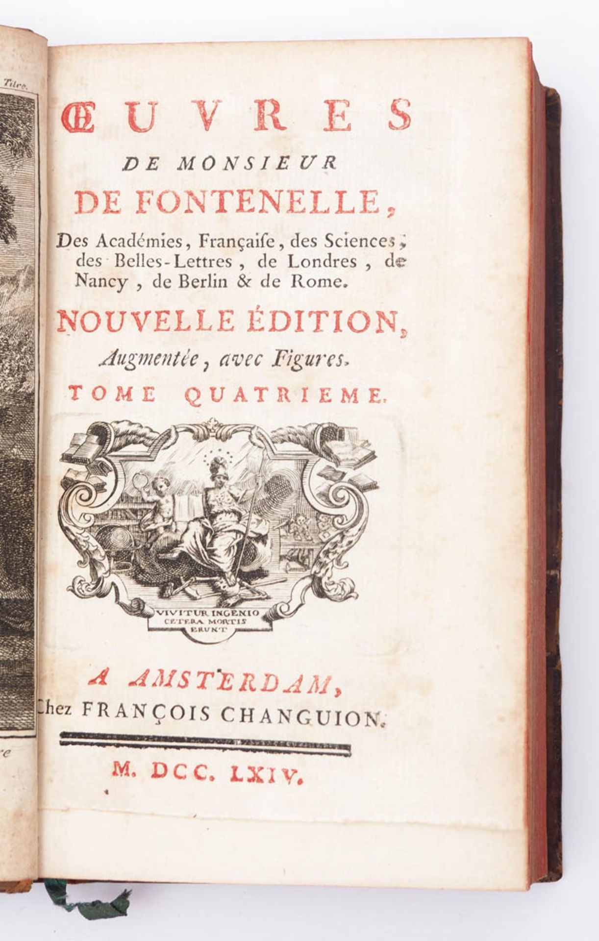 B. Fontenelle: Oeuvres, Band 4 Amsterdam, 1764. Titelkupfer. Rot gefärbter Schnitt, Halbledereinband - Image 2 of 3