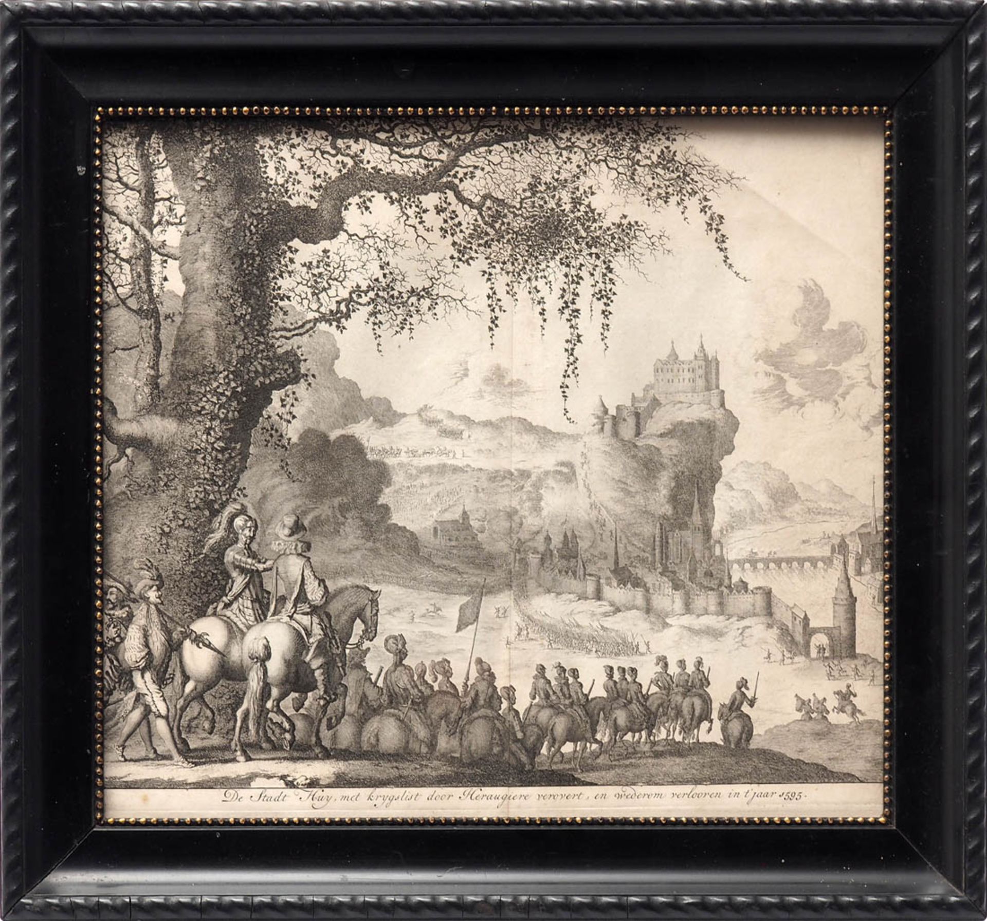 Kupferstich, dat. 1595 Im Vordergrund berittene Soldaten, die auf eine Stadt an einem Fluss