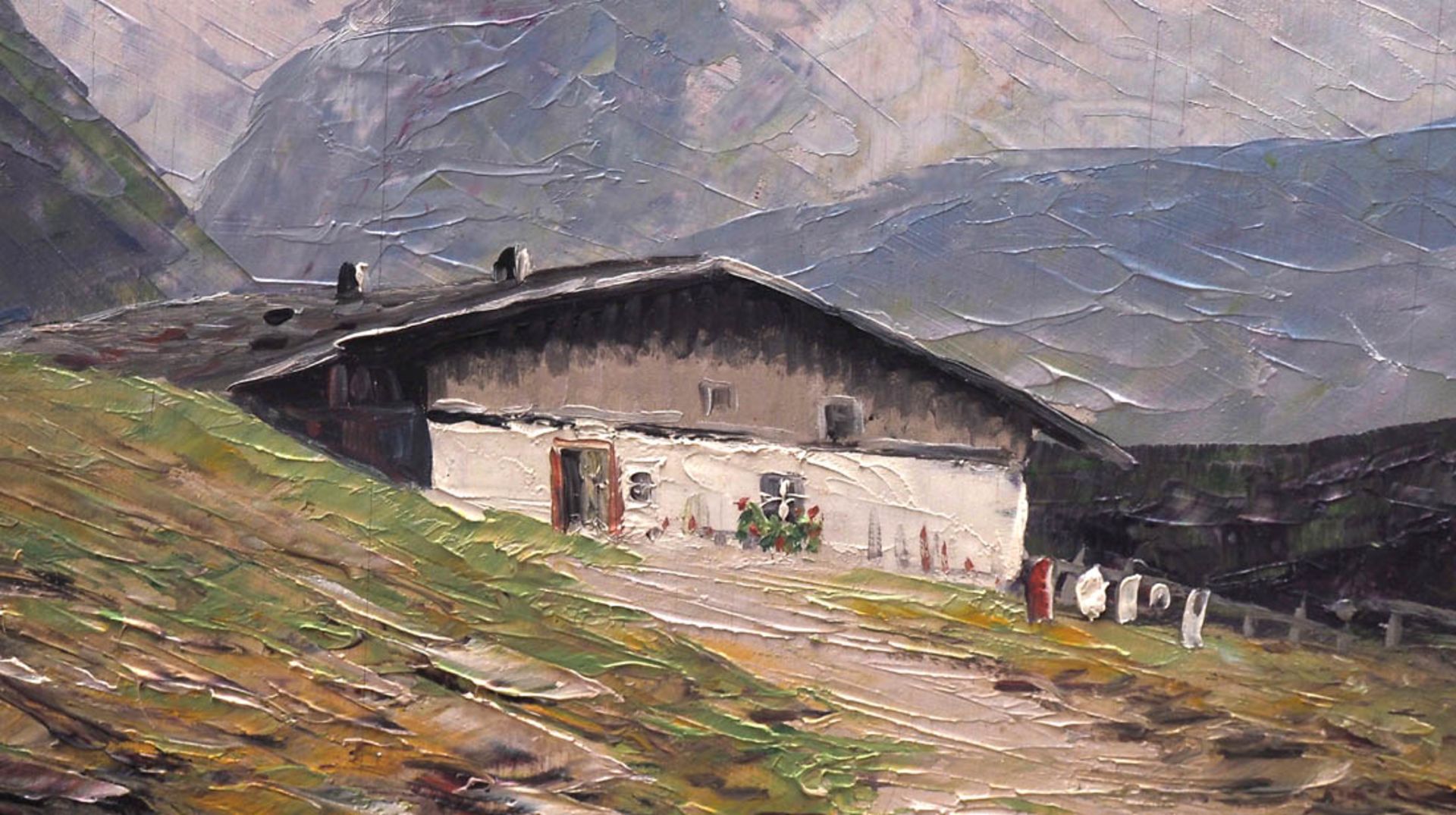 Miltz, Toni Sommerliche Partie in den Alpen, im Vordergrund eine Sennerhütte, im Hintergrund der - Bild 2 aus 3