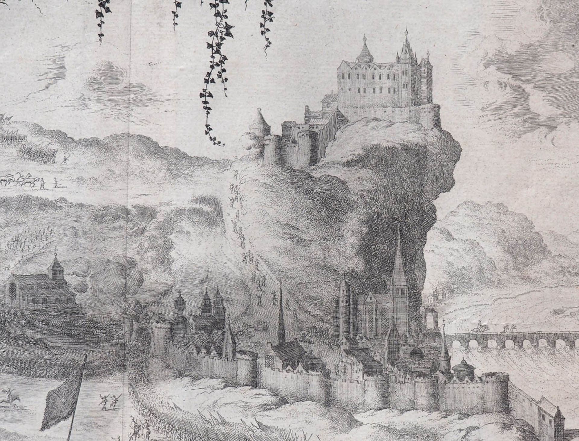Kupferstich, dat. 1595 Im Vordergrund berittene Soldaten, die auf eine Stadt an einem Fluss - Bild 3 aus 4