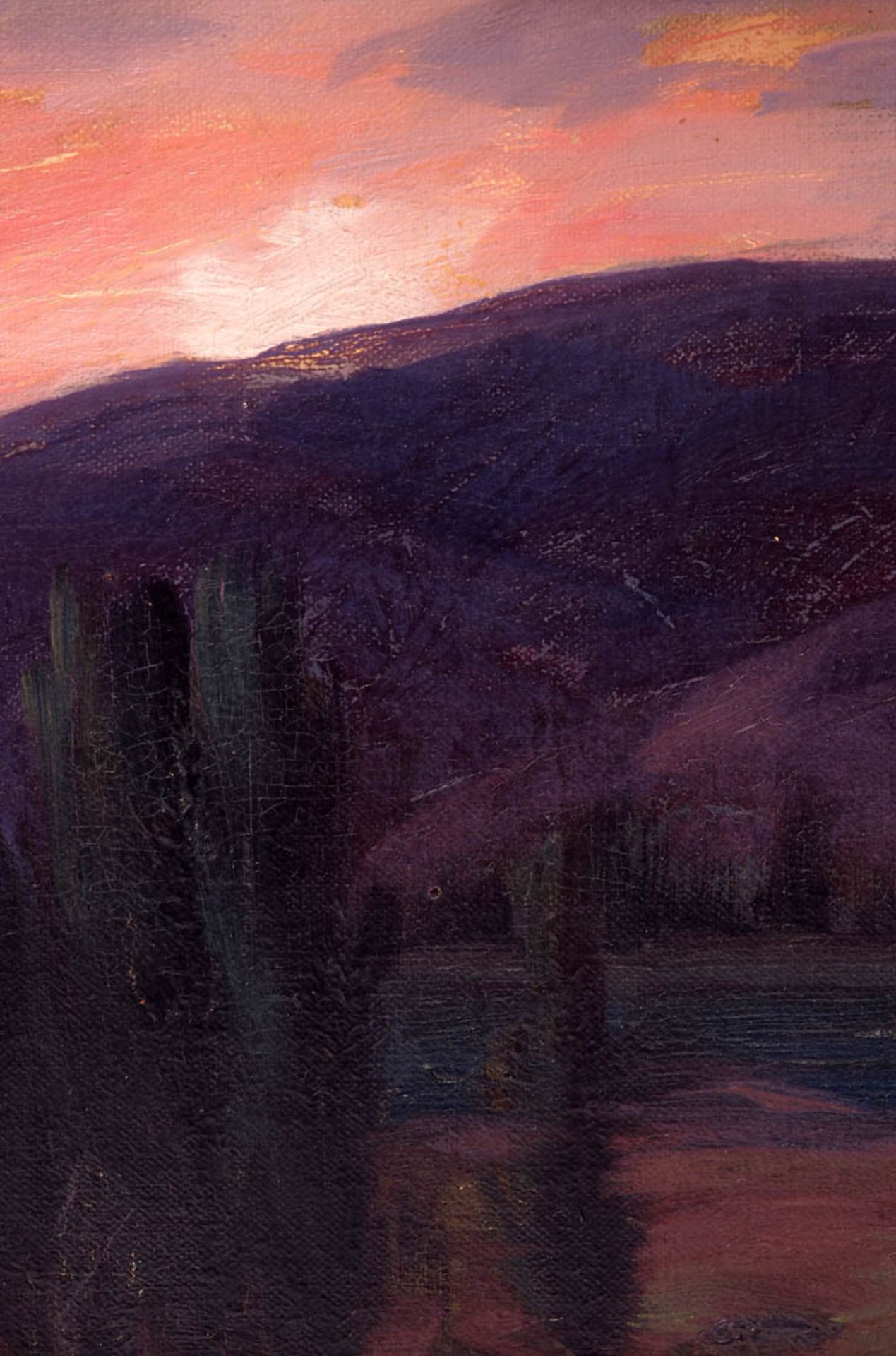 Browne, Joseph Archibald, 1864 - 1948 Abendlandschaft im Licht der untergehenden Sonne. Öl/Kt., - Bild 2 aus 3