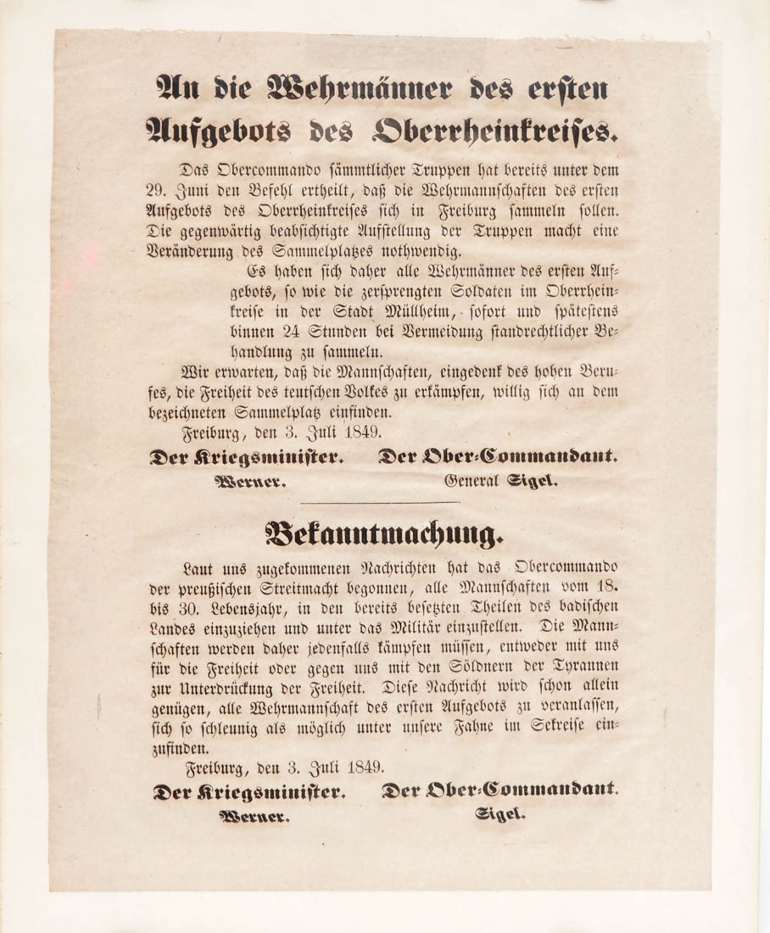 Wehrmachtsbekanntmachung von 1849 "An die Wehrmänner des 1. Aufgebots des Oberrheinkreises", ger.