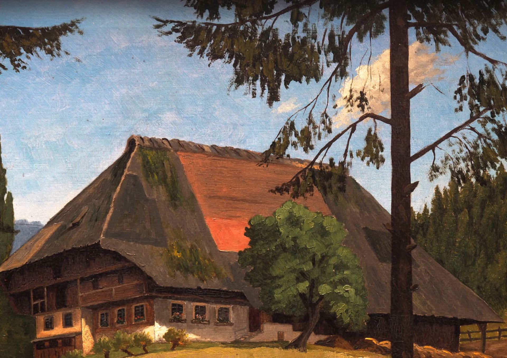 Ketterer, E. Blick auf einen einsam gelegenen Schwarzwaldhof mit mächtigem Walmdach, daneben eine - Bild 3 aus 7