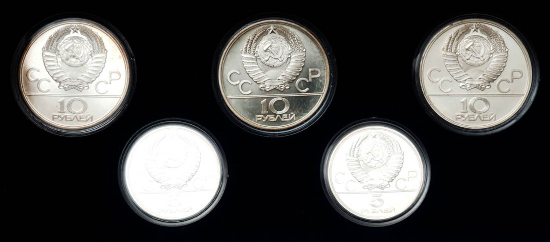 Fünf Olympia-Münzen, Moskau 1979/1980 In Kunststoffkapsel im Originalkasten. Silber, Nennwert 5 - Image 7 of 7