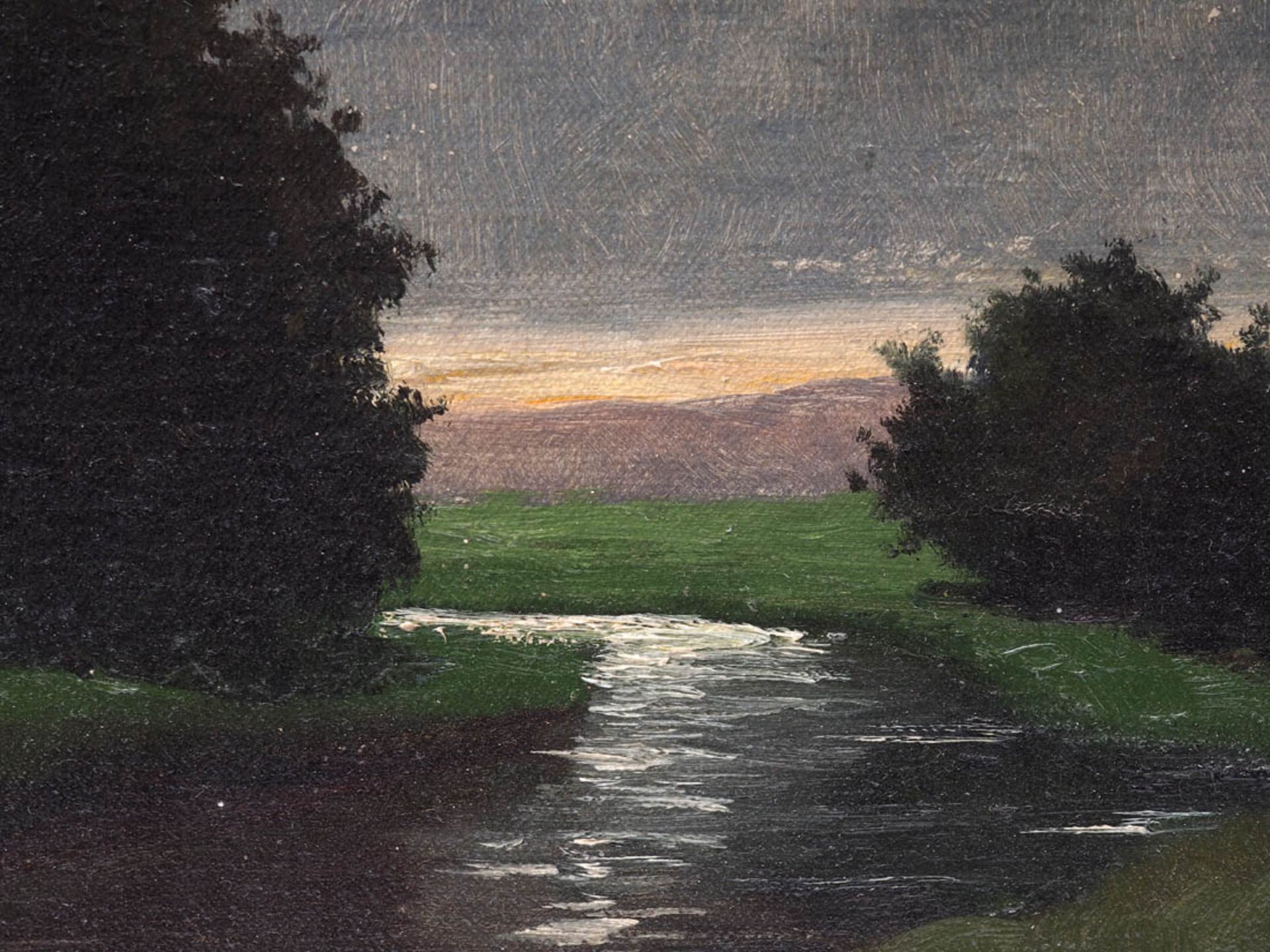 Furlé, H., um 1900 Abendliche Stimmung an einem Bachlauf unter gewittrigem Himmel. Öl/Lwd., rechts - Bild 2 aus 4