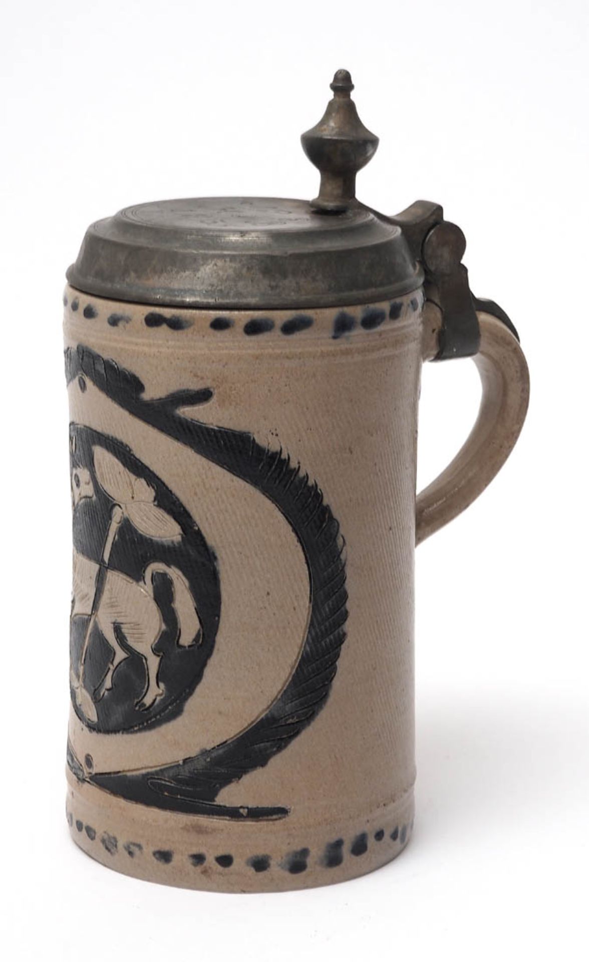 Keramikkrug, wohl Westerwald, dat. 1835 Zylindrischer Korpus. Auf der Schauseite Ovalmedaillon mit
